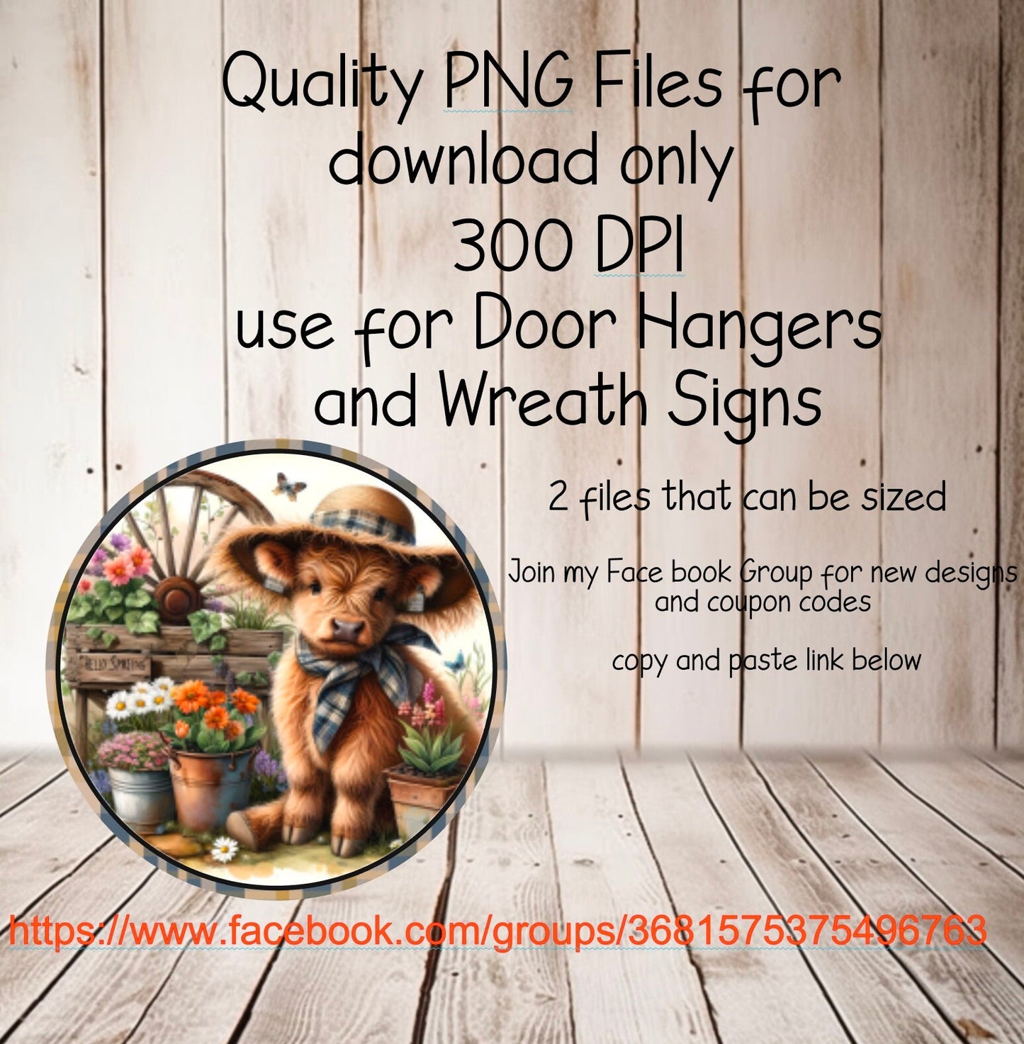 SPRING HIGHLAND COW ROUND door wreath sign AND a square for slates, for sublimation high resolution can be used for a wreath sign 2 files included for download