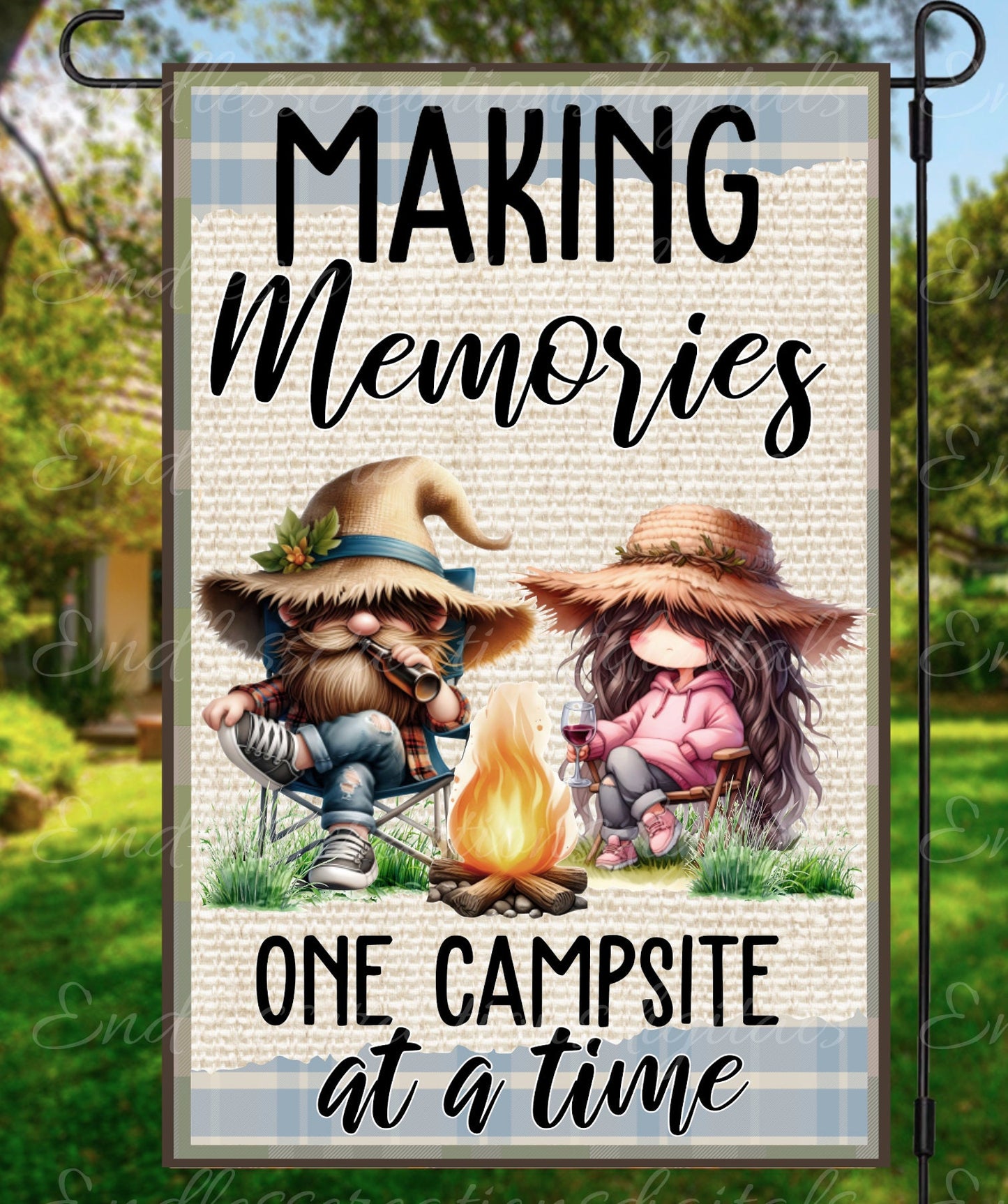CAMPING GNOMES GARDEN FLAG