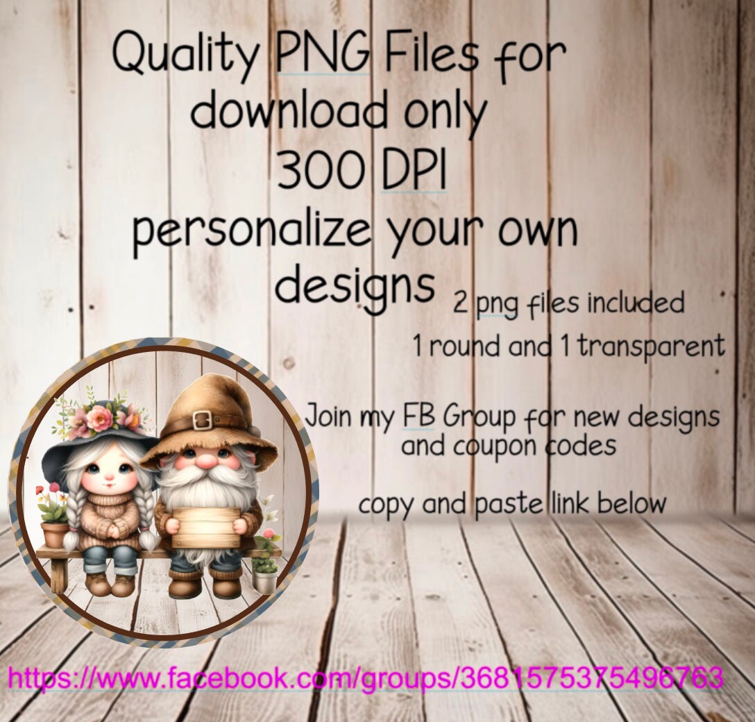 GNOME COUPLE ROUND, door hanger, wreath sign , transparent file for pillows, mugs etc, high resolution 300 dpi 2 digital files for download