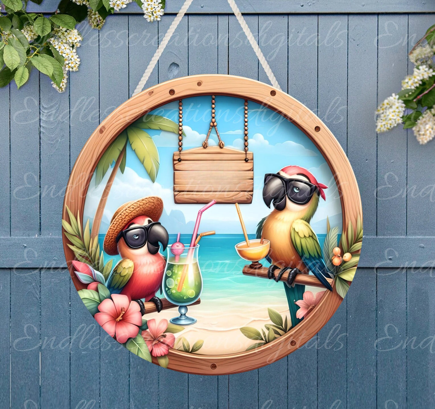 TROPICAL PARROT SUBLIMATION door hanger, wreath sign png, for sublimation high resolution 2 files, 1 add your own text