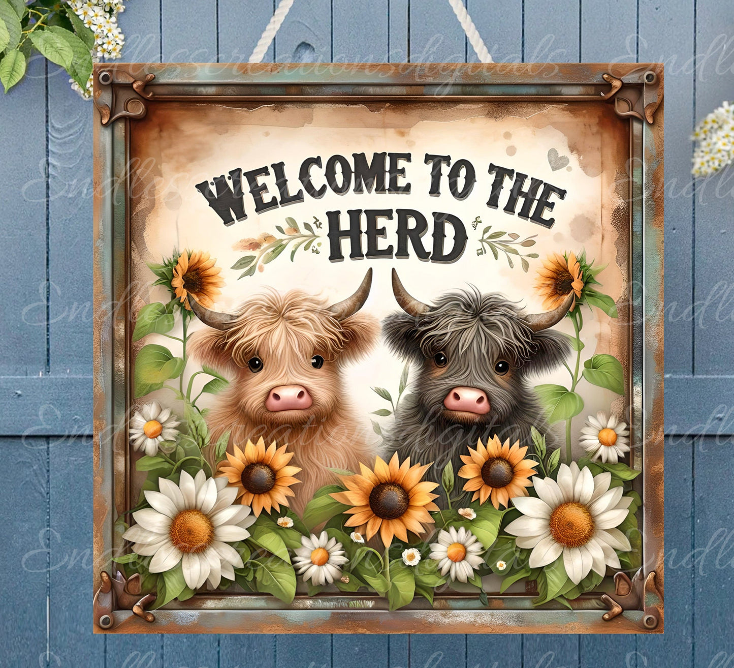 WELCOME HERD DOOR hanger, wreath sign, square cutting board png,