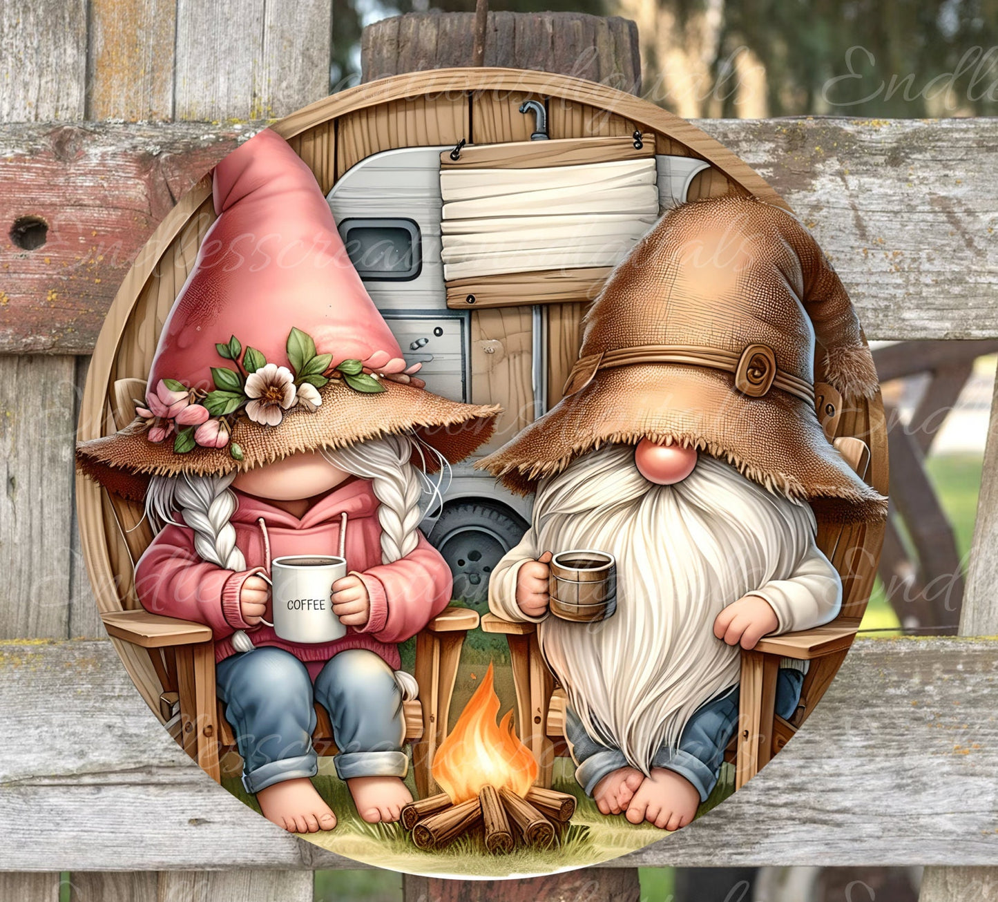 CAMPING GNOMES SUBLIMATION coffee drinkers door hanger, wreath sign png, for sublimation high resolution