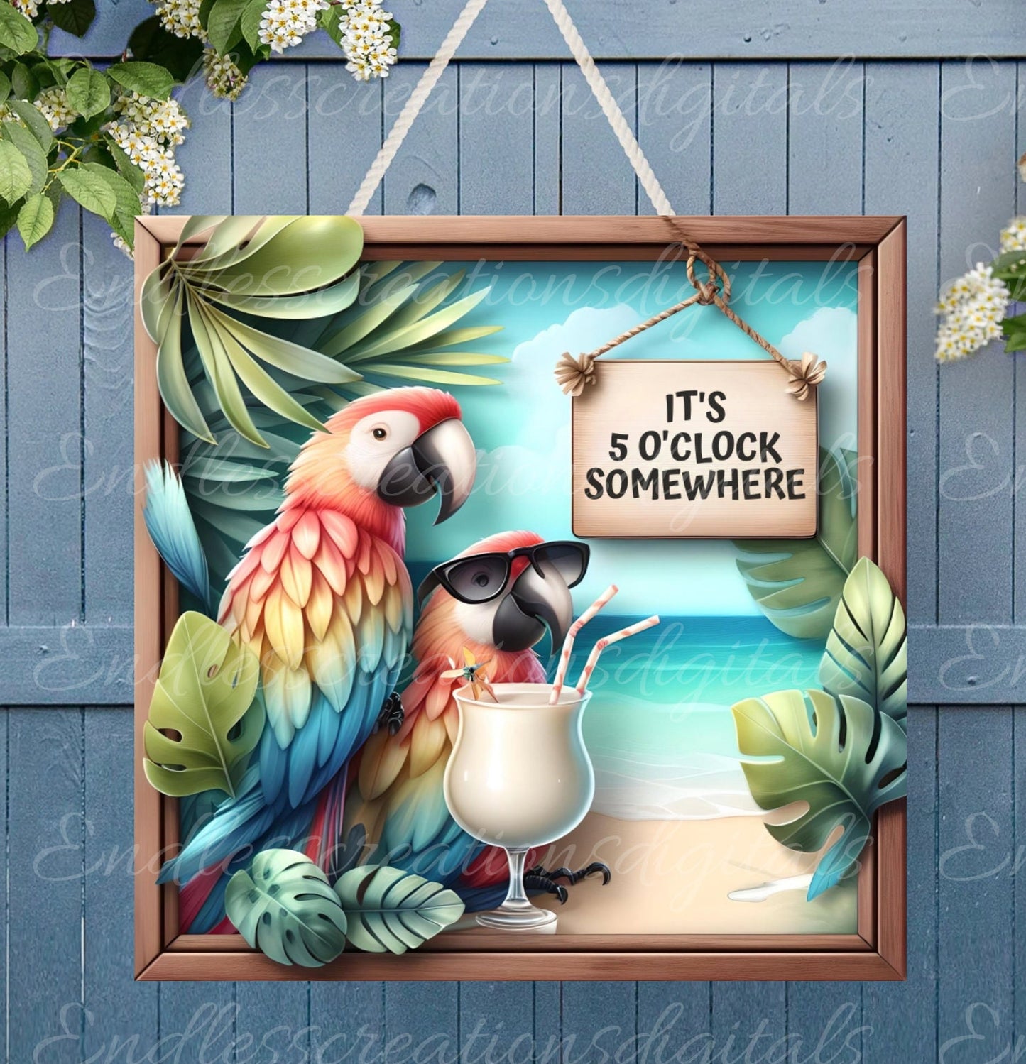 TROPICAL PARROTS SUBLIMATION door hanger, wreath sign png, for sublimation high resolution 2 files, 1 add your own text