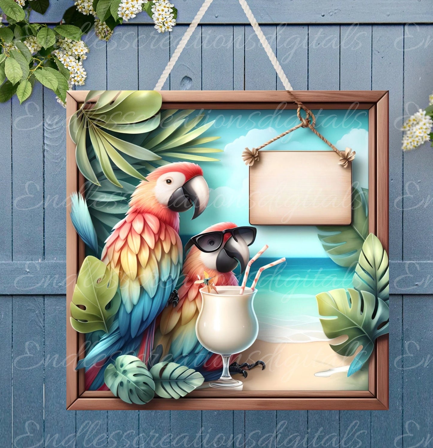 TROPICAL PARROTS SUBLIMATION door hanger, wreath sign png, for sublimation high resolution 2 files, 1 add your own text