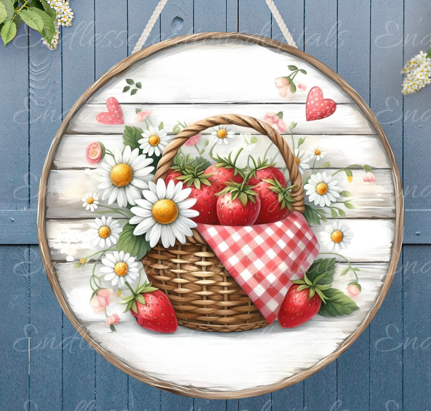STRAWBERRY BASKET door hanger, wreath sign png, round cutting board for sublimation high resolution, 2 files one blank add your own text