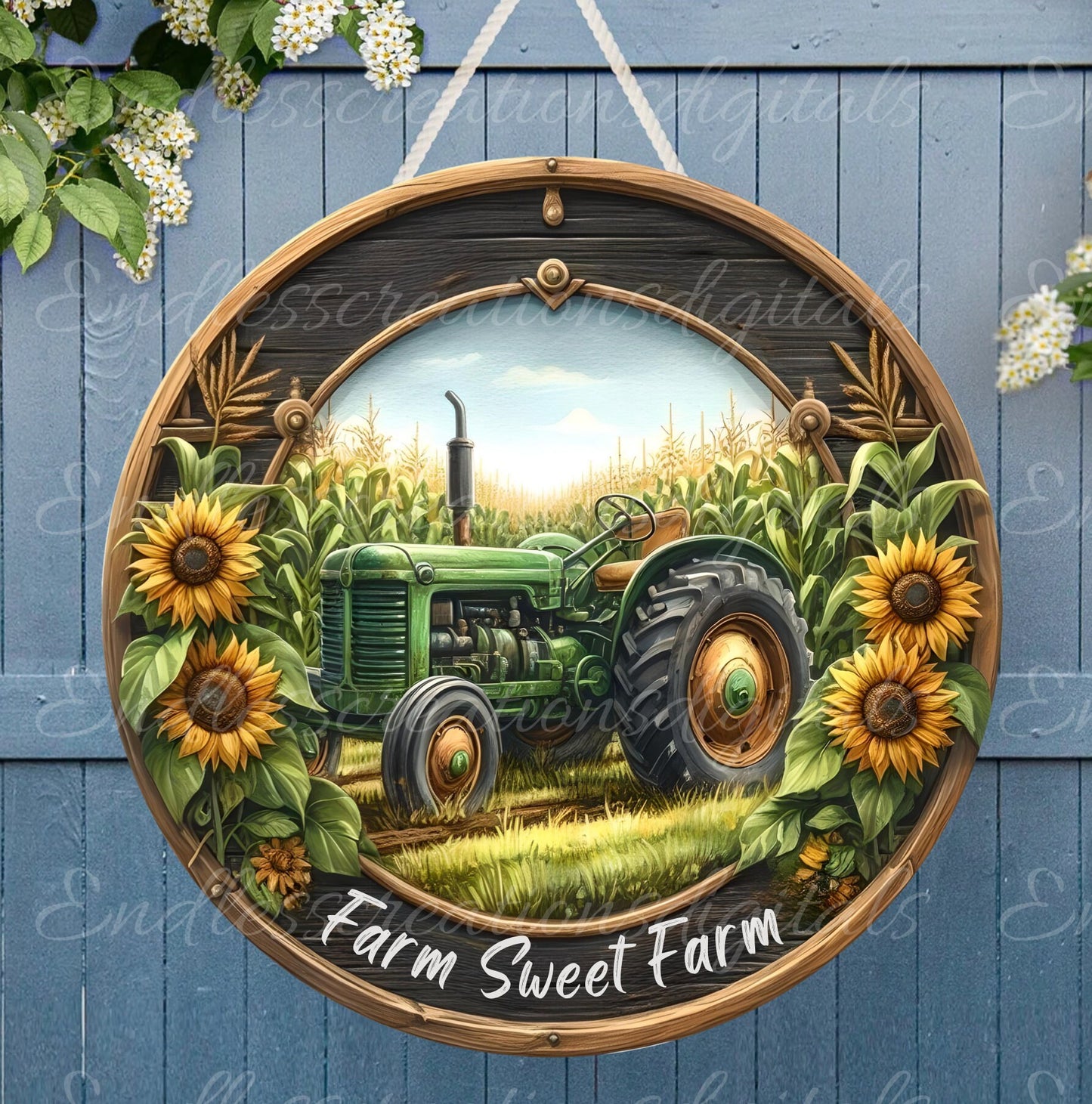 GREEN TRACTOR SUNFLOWER WELCOME DOOR HANGER, wreath sign png, for sublimation high resolution, 2 files for download, 1 add your own text! DIGITAL DOWNLOAD ONLY