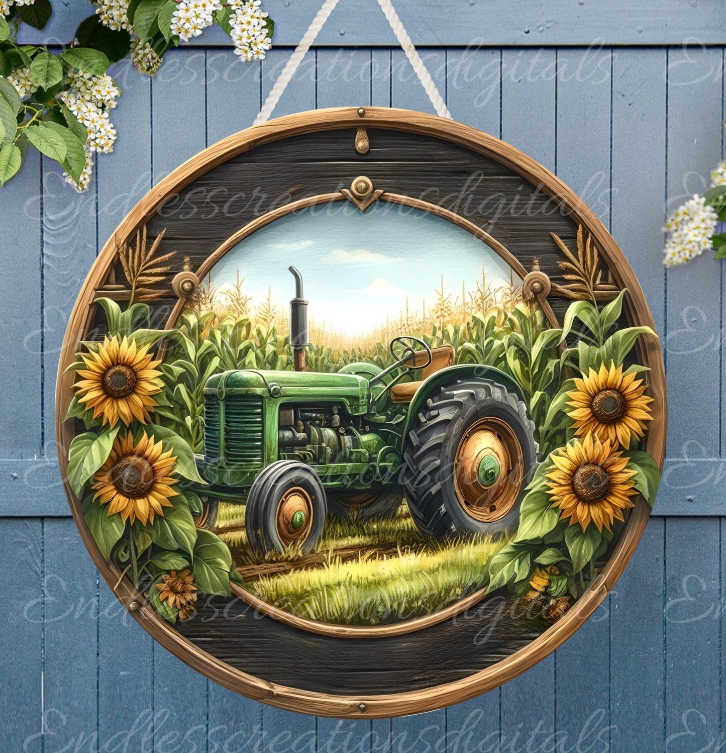 GREEN TRACTOR SUNFLOWER WELCOME DOOR HANGER, wreath sign png, for sublimation high resolution, 2 files for download, 1 add your own text! DIGITAL DOWNLOAD ONLY