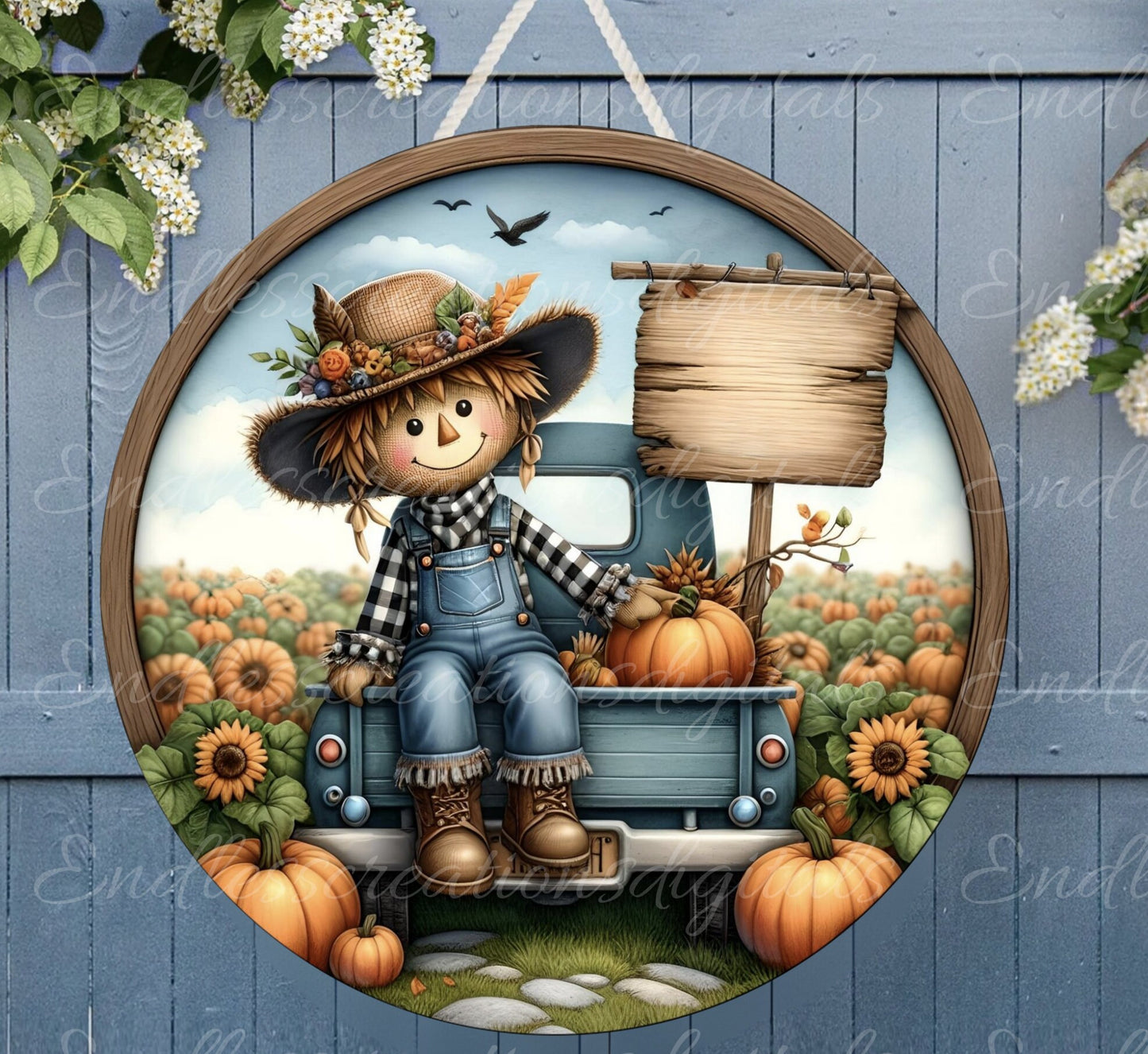 FALL SCARECROW DOOR hanger, wreath sign, round cutting board png, for sublimation high resolution 2 files for download, 1 add your own text