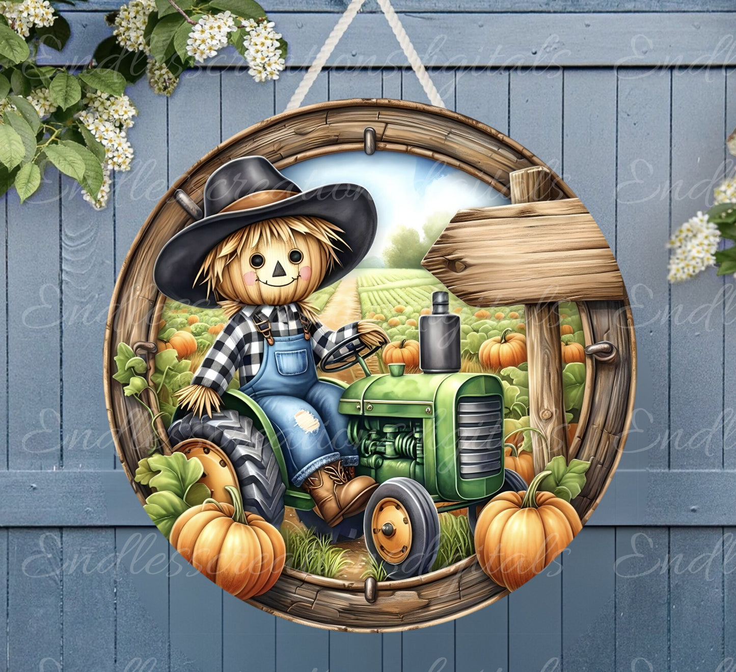 FALL SCARECROW TRACTOR door hanger, wreath sign, cutting board png, sublimation high resolution 2 files for download, 1 add your own text