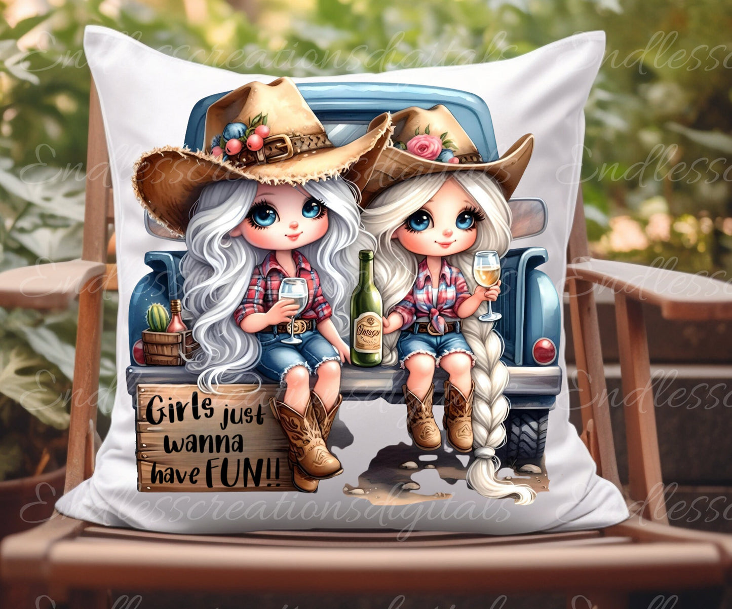 GIRLS BLUE TRUCK wine sublimation package high definition 300png, transparent add your own text