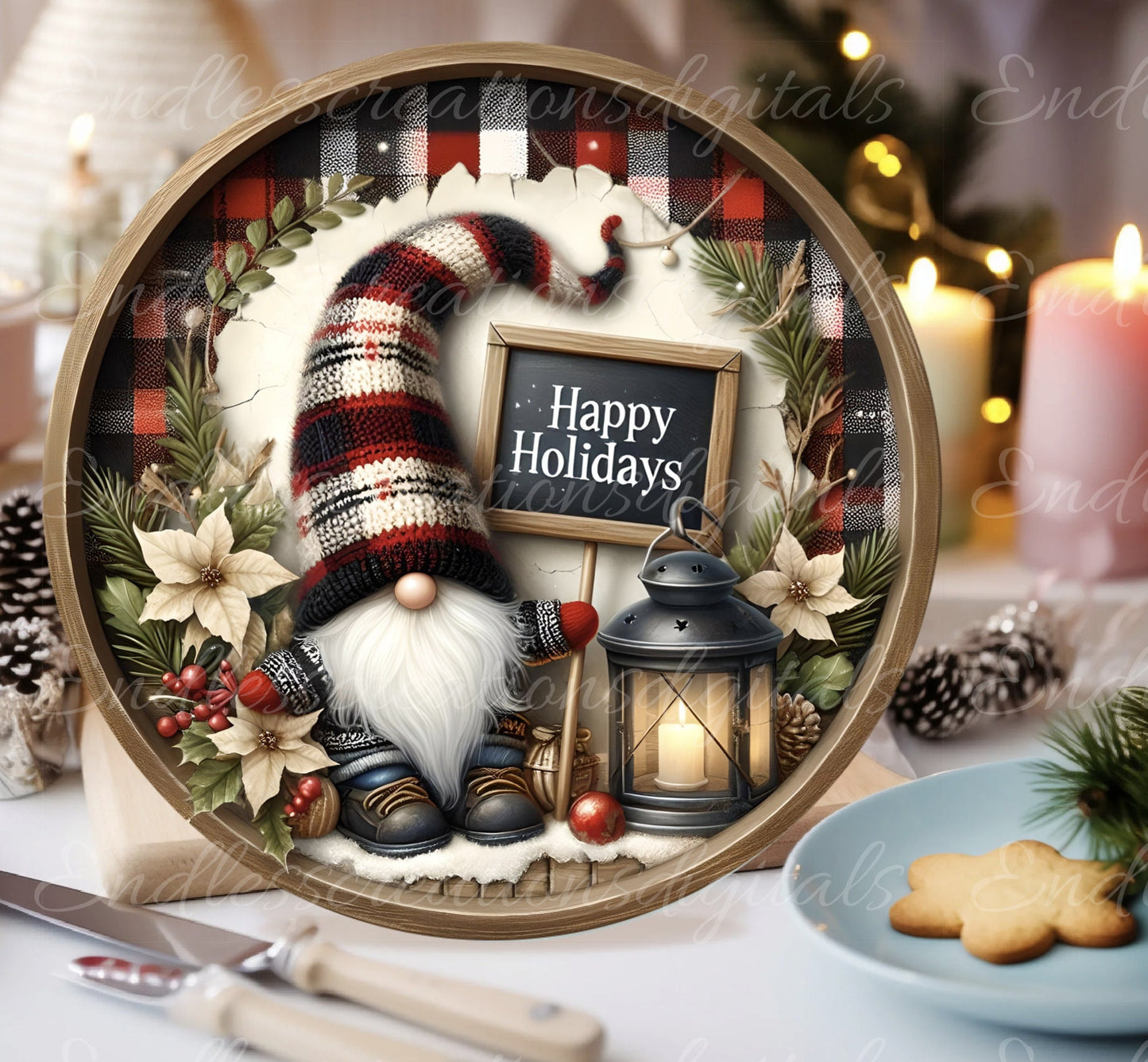WINTER GNOME DOOR hanger, wreath sign, round cutting board png, for sublimation high resolution, 2 files for download, 1 add your own text