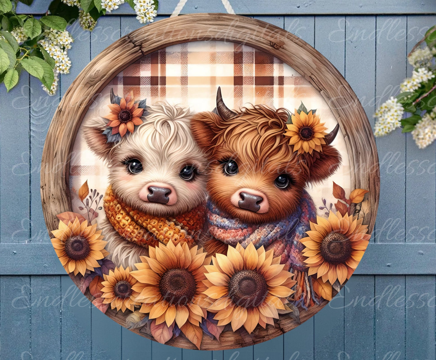 HIGHLAND COWS SUBLIMATION door hanger, wreath sign, round cutting board png, for sublimation high resolution