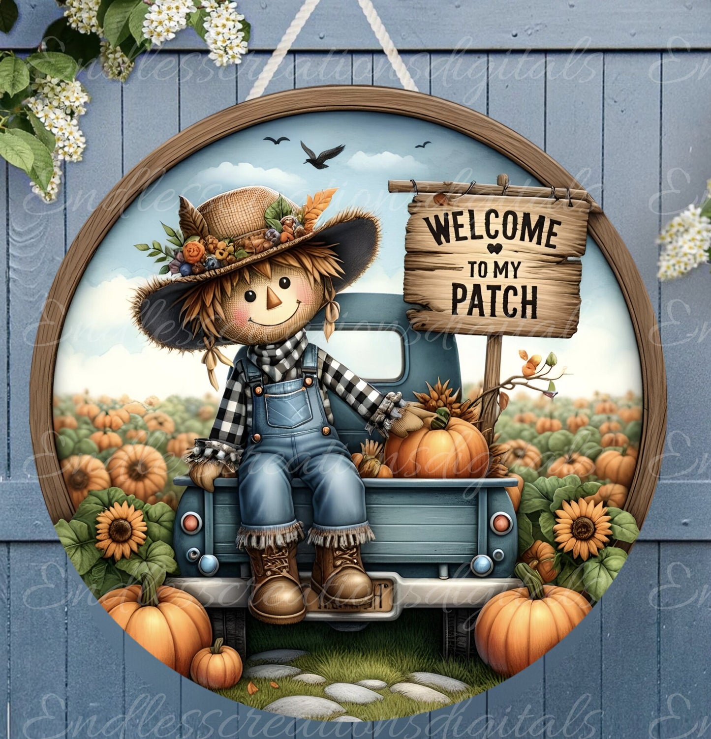 FALL SCARECROW DOOR hanger, wreath sign, round cutting board png, for sublimation high resolution 2 files for download, 1 add your own text