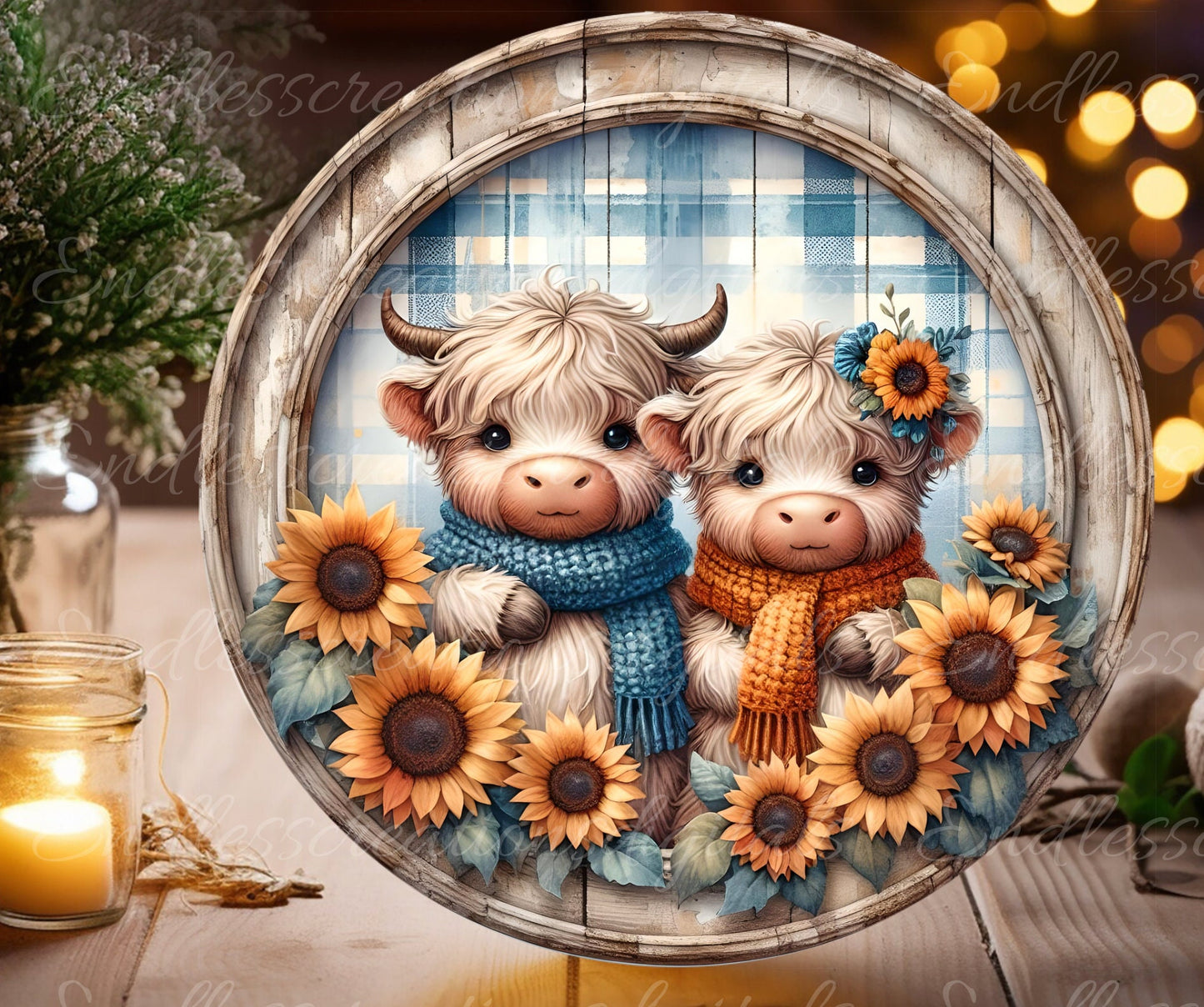 HIGHLAND COWS SUBLIMATION door hanger, wreath sign, round cutting board png, for sublimation high resolution