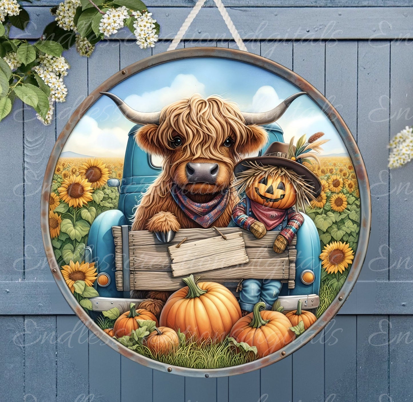 SCARECROW HIGHLAND COW door hanger, wreath sign, cutting board, for sublimation high resolution,2 files for download, 1 add your own text