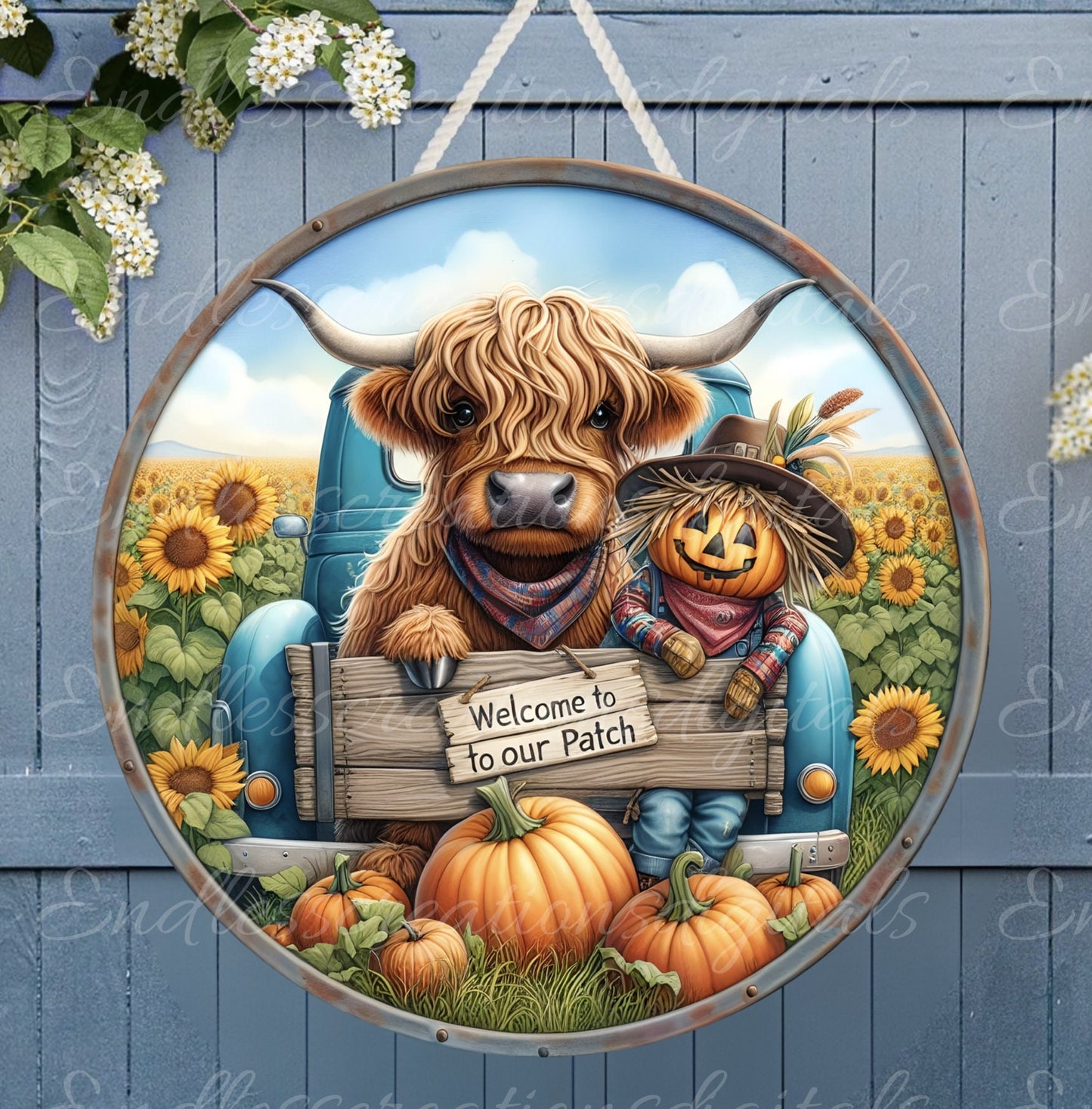 SCARECROW HIGHLAND COW door hanger, wreath sign, cutting board, for sublimation high resolution,2 files for download, 1 add your own text