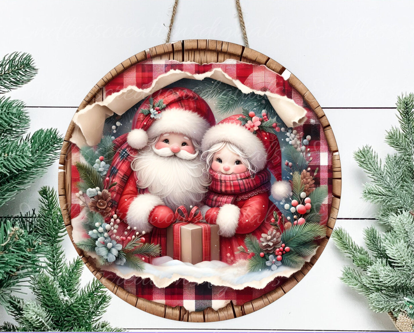 SANTA and MRS CLAUS door hanger, wreath sign, round cutting board png, for sublimation high resolution, 2 files 1 add your own text