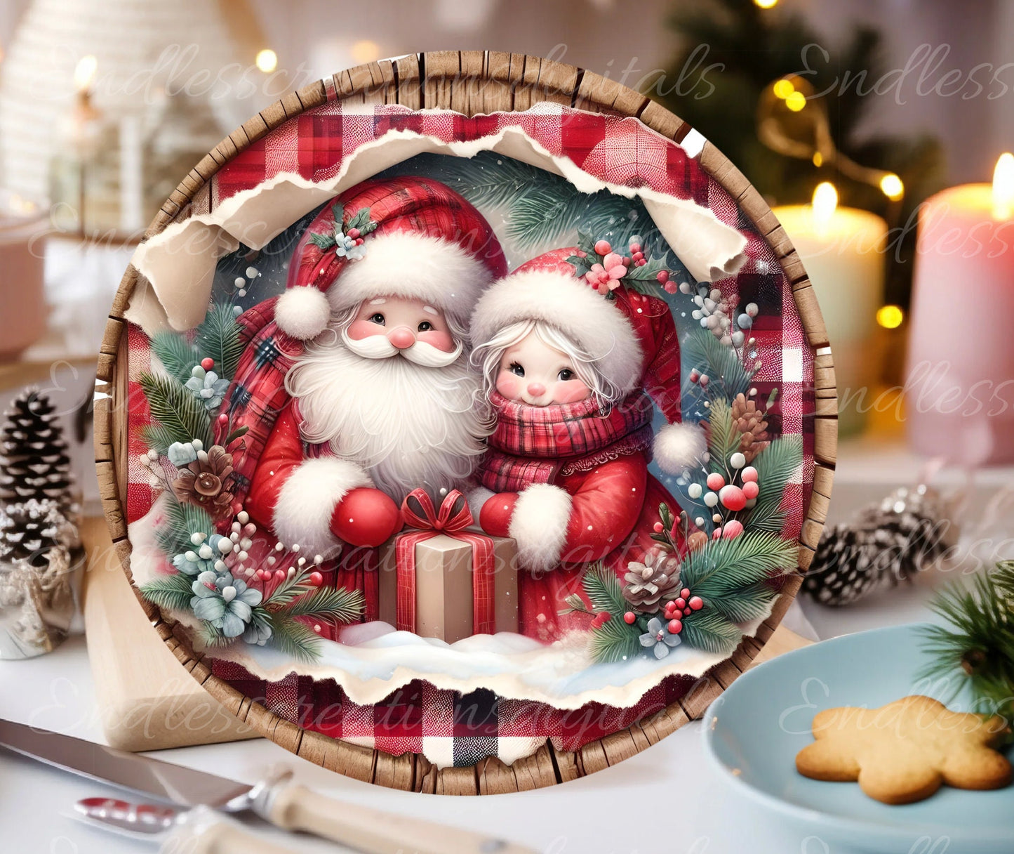 SANTA and MRS CLAUS door hanger, wreath sign, round cutting board png, for sublimation high resolution, 2 files 1 add your own text
