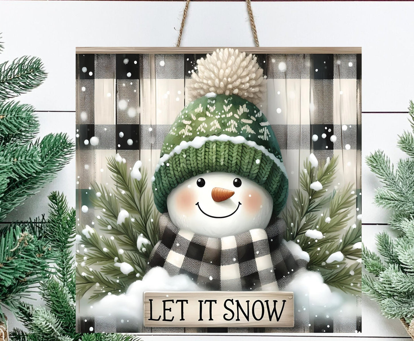RUSTIC LET IT Snow Square door hanger, wreath sign, square cutting board, coaster png, for sublimation high resolution, 2 files, 1 blank