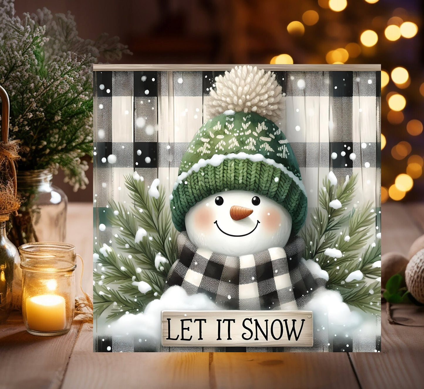 RUSTIC LET IT Snow Square door hanger, wreath sign, square cutting board, coaster png, for sublimation high resolution, 2 files, 1 blank