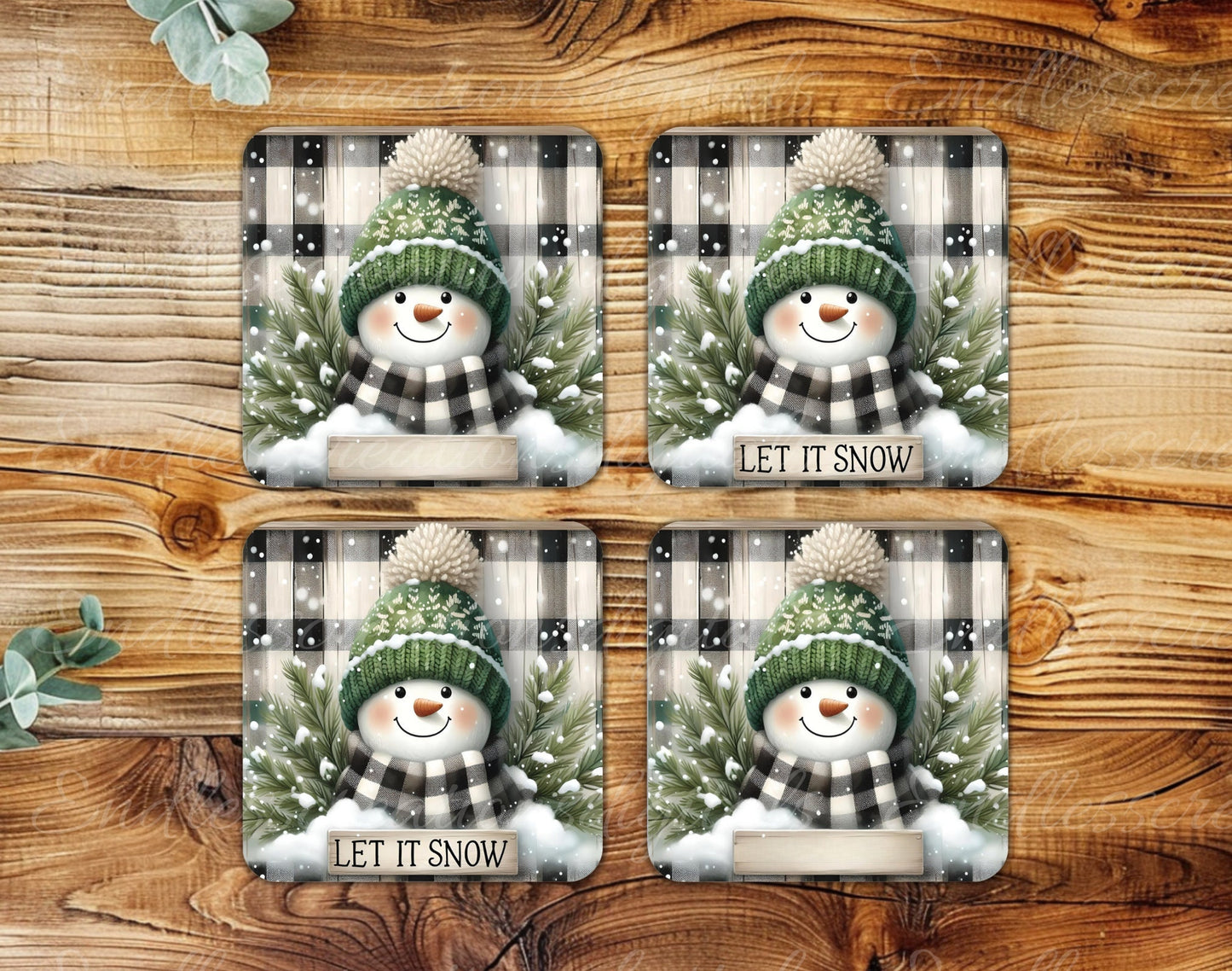 RUSTIC LET IT Snow Square door hanger, wreath sign, square cutting board, coaster png, for sublimation high resolution, 2 files, 1 blank