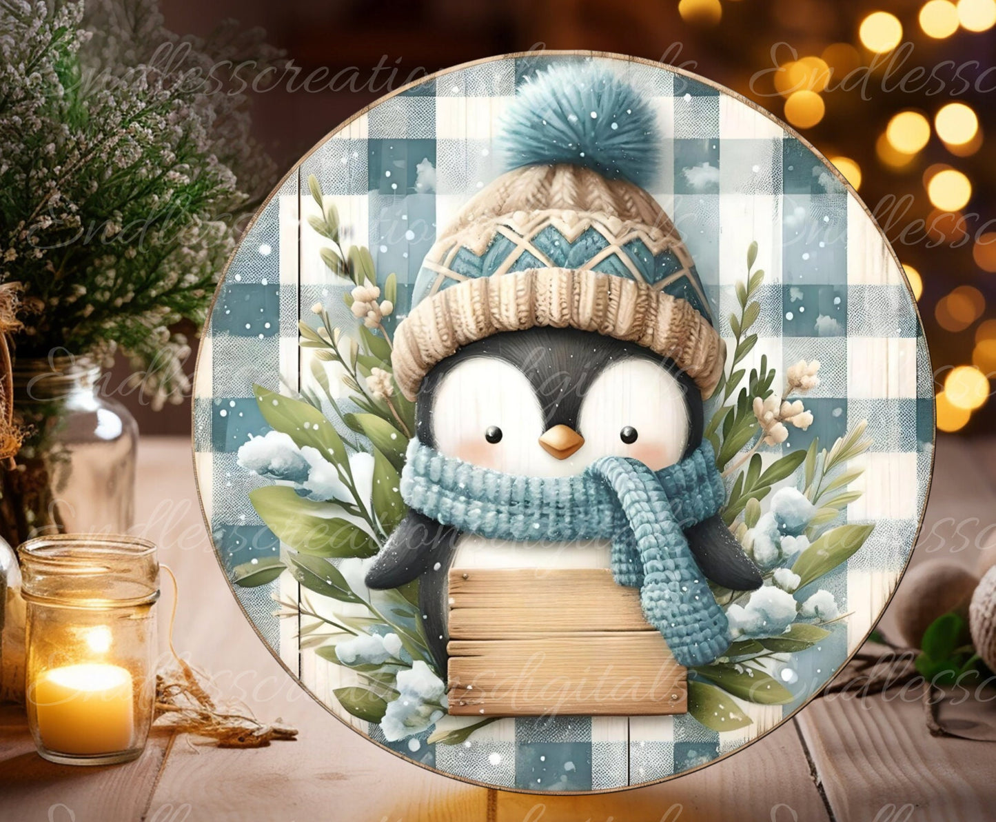 WINTER PENGUIN ROUND door hanger, wreath sign, square cutting board, coaster png, for sublimation high resolution, 2 files, 1 blank