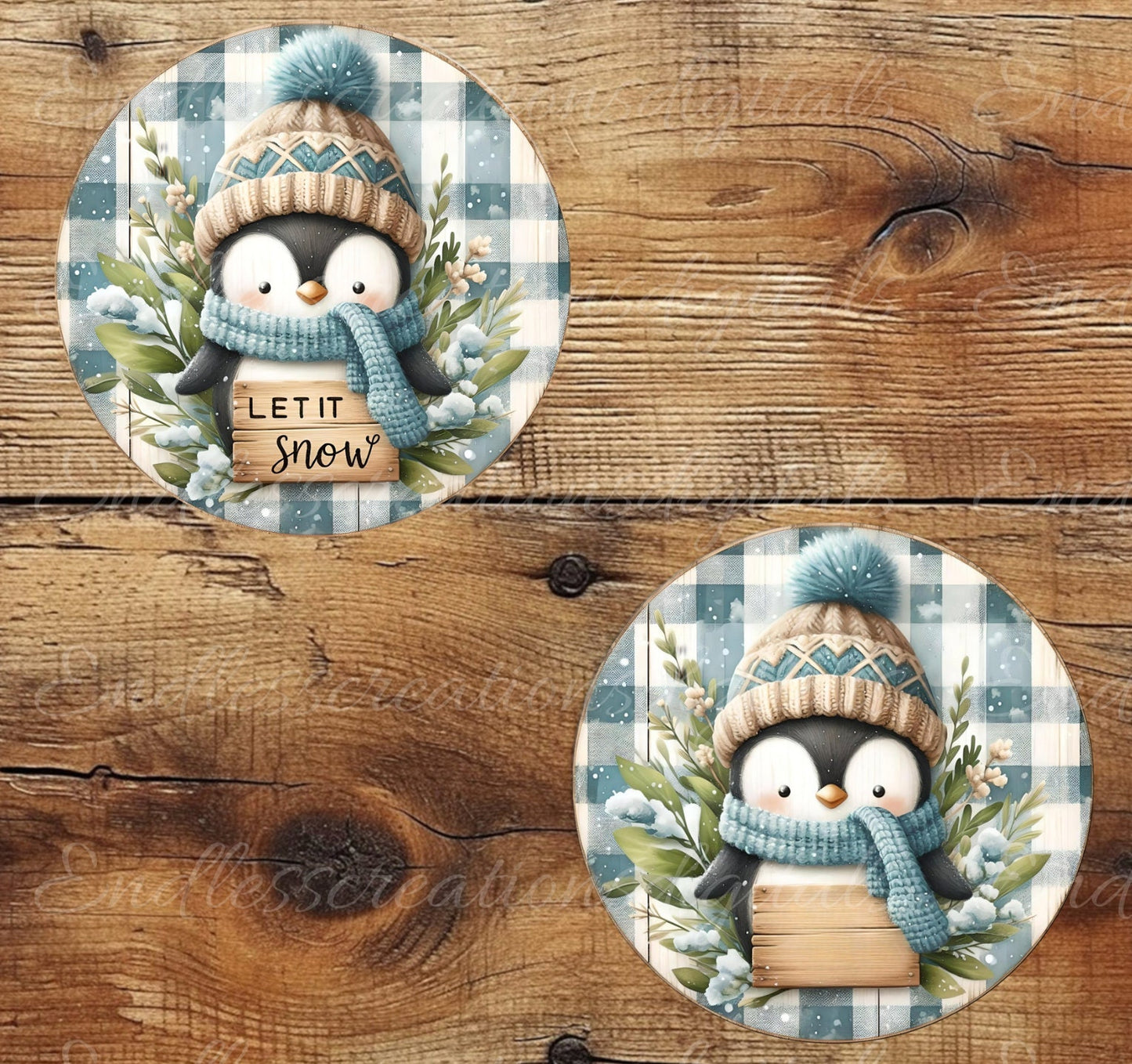 WINTER PENGUIN ROUND door hanger, wreath sign, square cutting board, coaster png, for sublimation high resolution, 2 files, 1 blank
