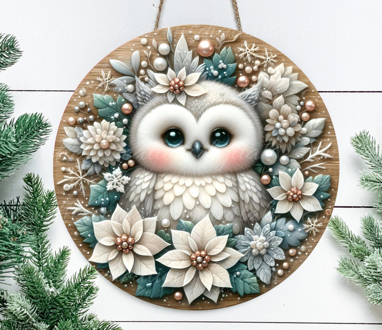 WINTER SNOW OWL door hanger, wreath sign, round cutting board, tree ornament png, sublimation high resolution