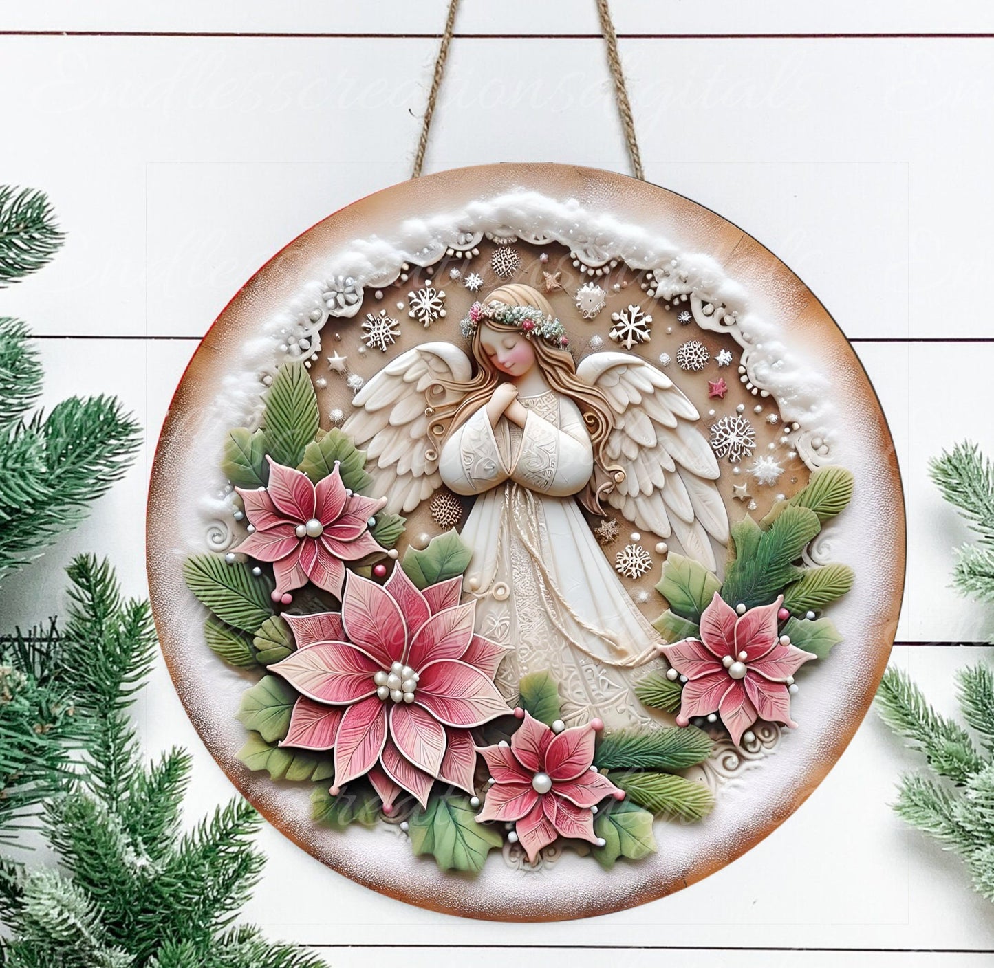 PINK ANGEL WINTER round door hanger, wreath sign, round cutting board, coasters etc. png, for sublimation high resolution, can be resized
