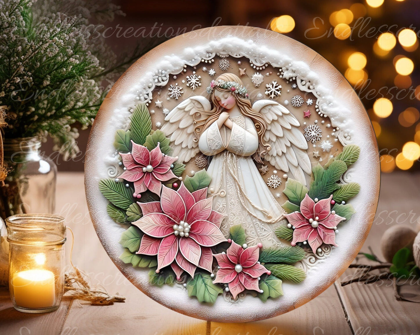 PINK ANGEL WINTER round door hanger, wreath sign, round cutting board, coasters etc. png, for sublimation high resolution, can be resized