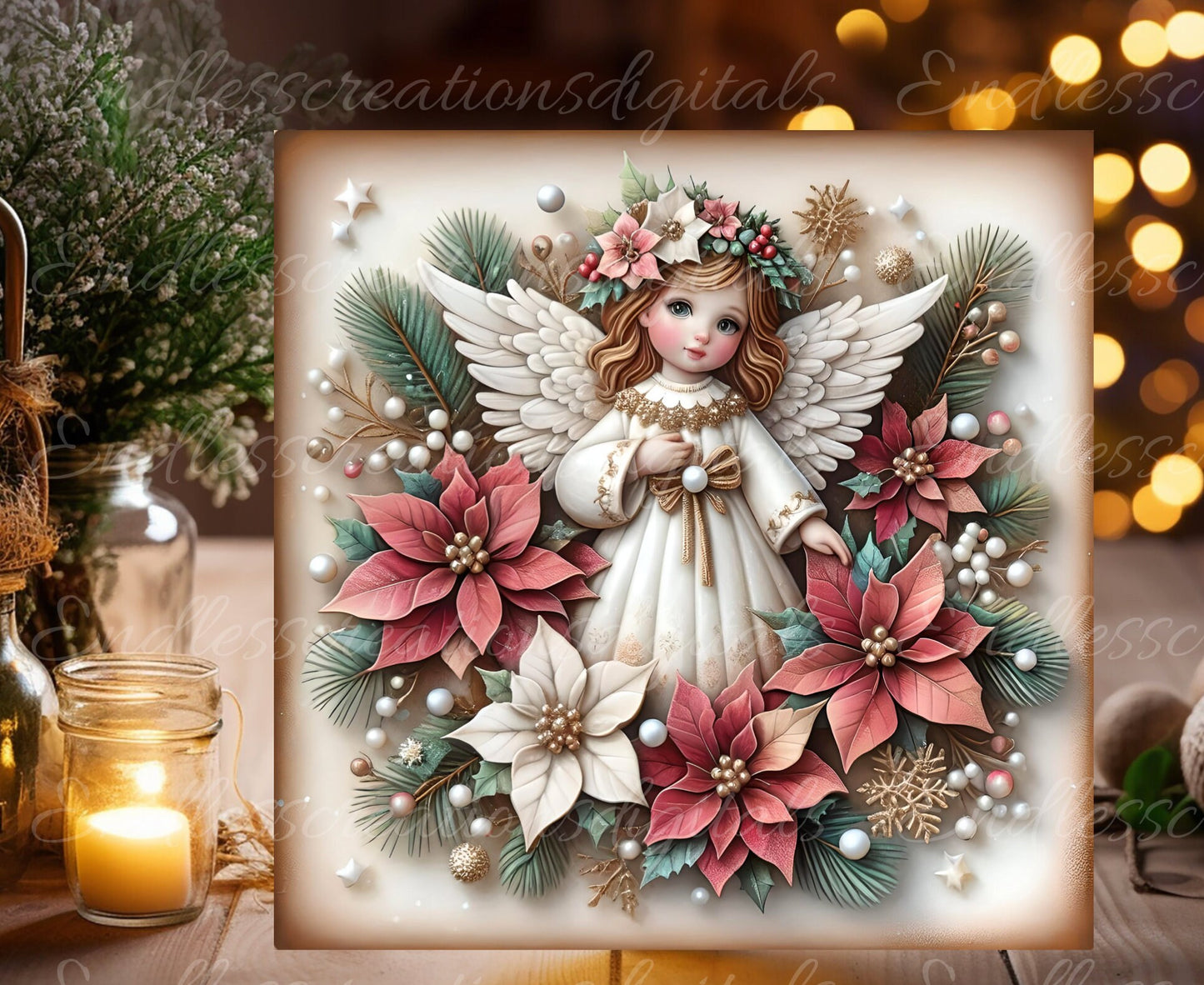 PINK ANGEL WINTER square door hanger, wreath sign, square cutting board, coasters etc. png, for sublimation high resolution, can be resized