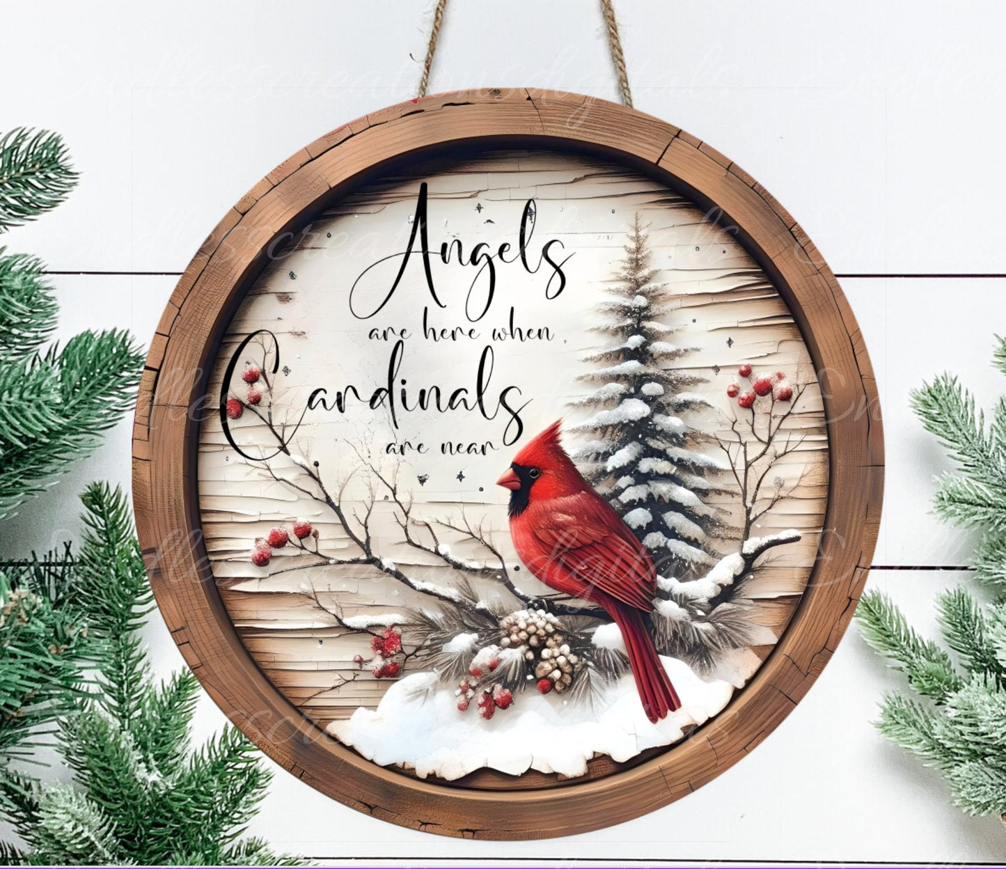 WINTER CARDINALS DOOR hanger, wreath sign, round cutting board png, for sublimation, 1 add your own text