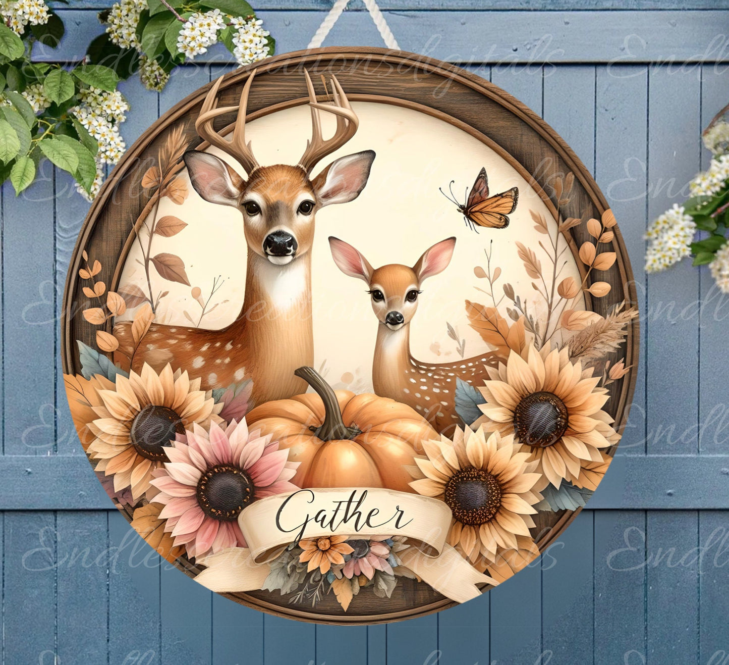 ROUND FALL DEER door hanger, wreath sign, round cutting board, ornament etc. png, for sublimation high resolution, 2 files, 1 add text