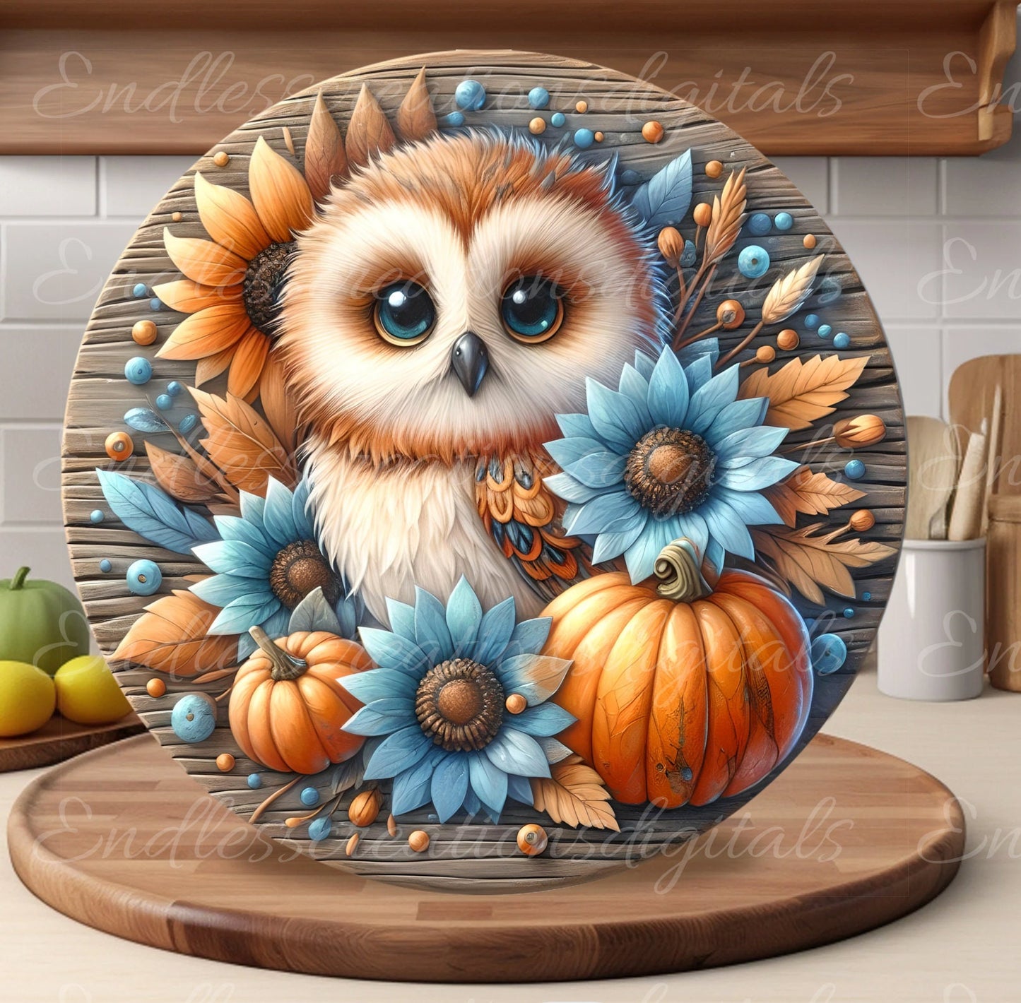 FALL OWL ROUND door hanger, wreath sign, round cutting board, coasters etc. sublimation high resolution