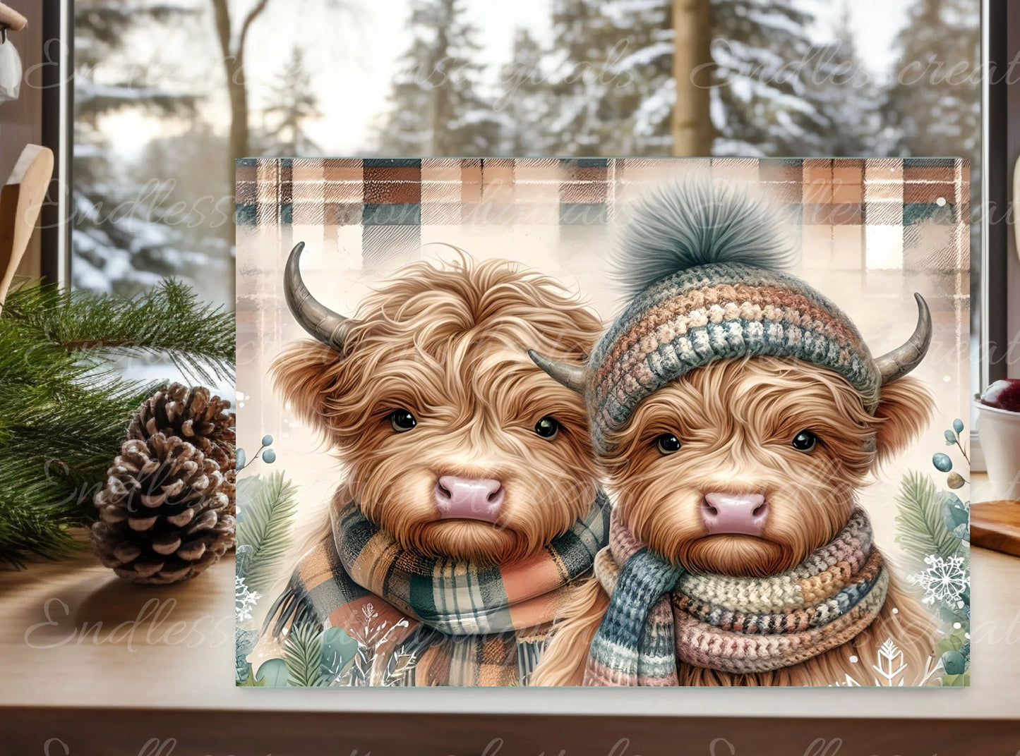 HIGHLAND COWS WINTER cutting board sublimation, 300 dpi high resolution, can be resized to fit both rectangular cutting board sizes