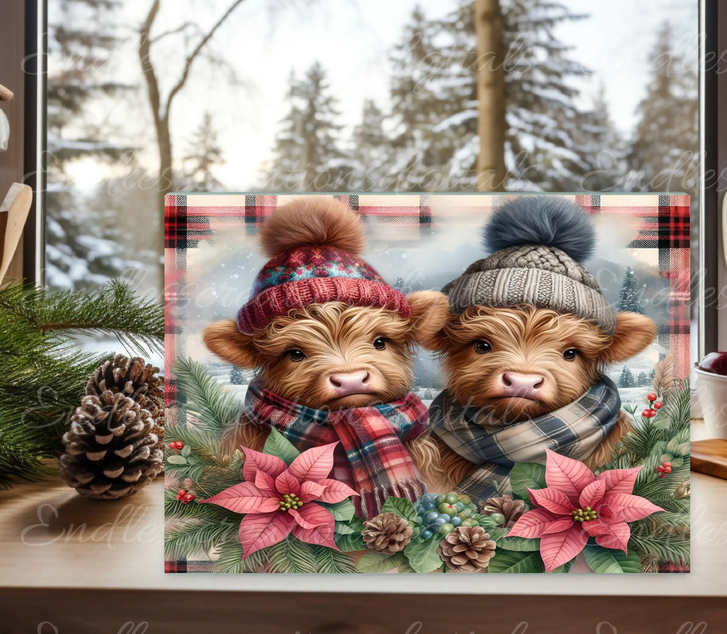 HIGHLAND COWS WINTER cutting board sublimation, 300 dpi high resolution, can be resized to fit both rectangular cutting board sizes