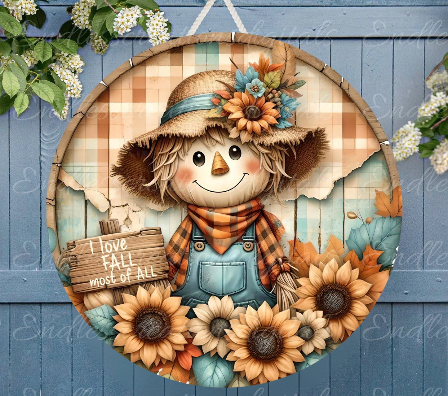 FALL SCARECROW DOOR hanger, wreath sign, round cutting board png, for sublimation high resolution 2 files for download, 1 add your own text