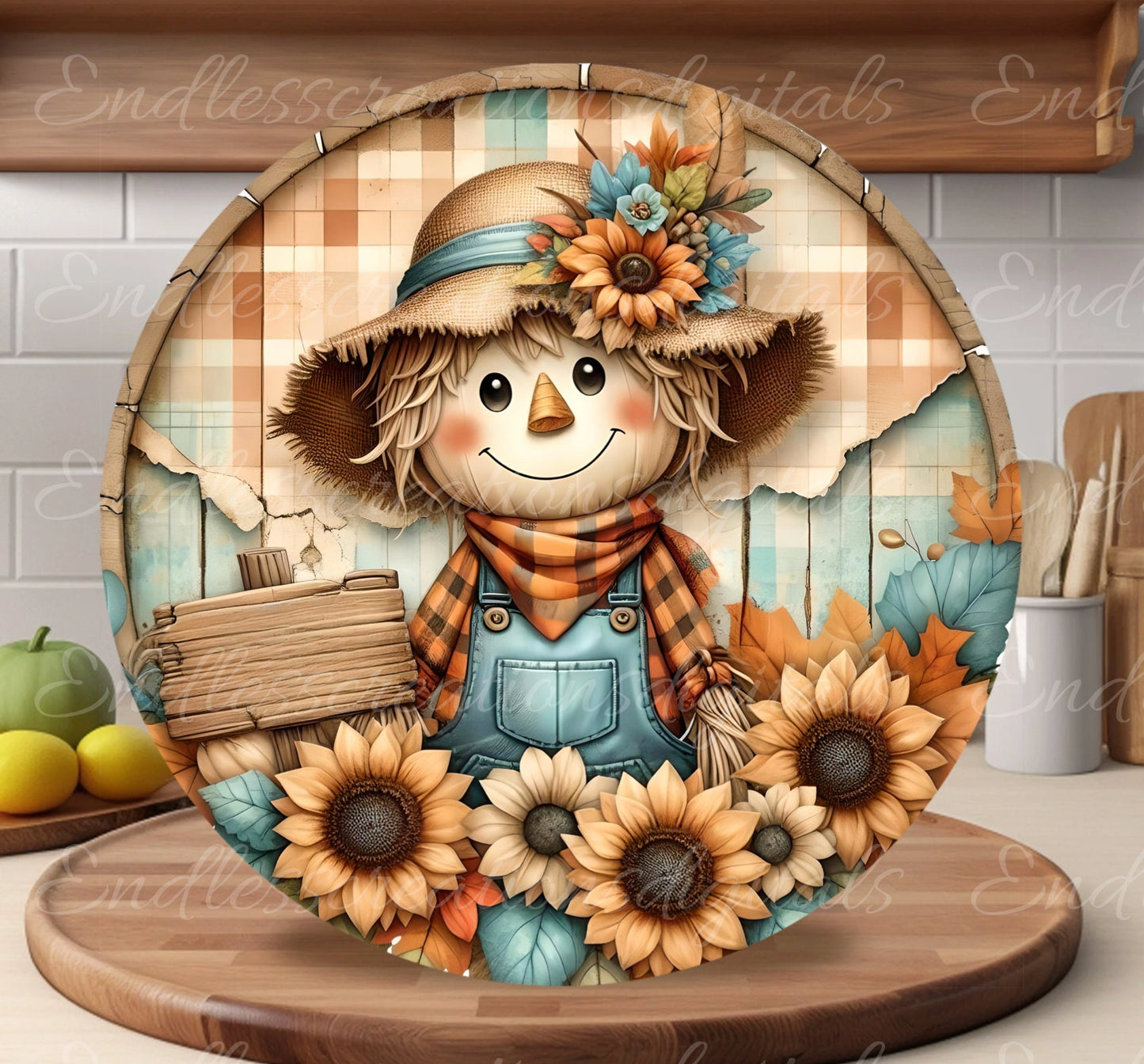 FALL SCARECROW DOOR hanger, wreath sign, round cutting board png, for sublimation high resolution 2 files for download, 1 add your own text