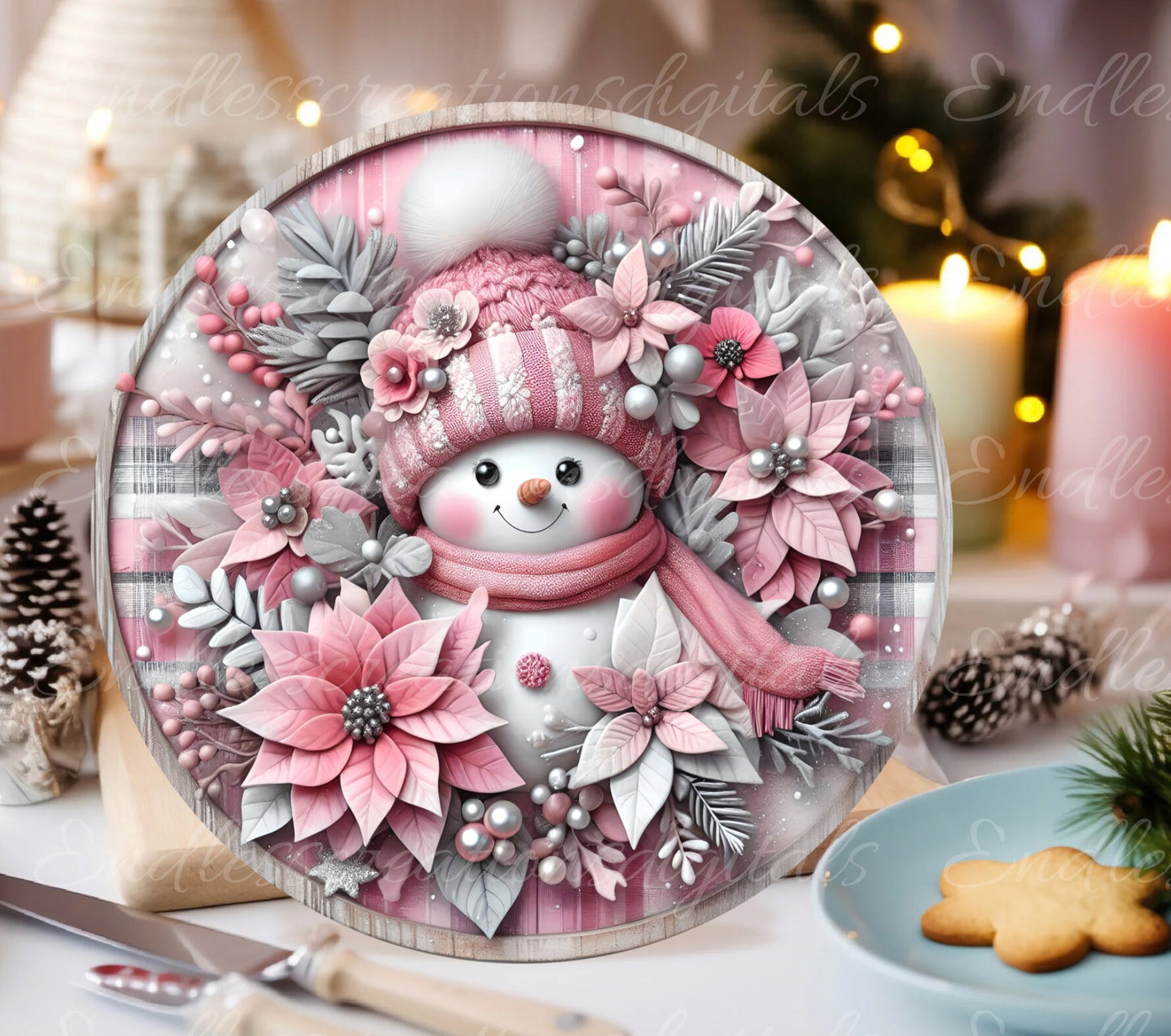 PINK SNOWMAN DOOR hanger, wreath sign, round cutting board, tree ornament etc. png, for sublimation high resolution,