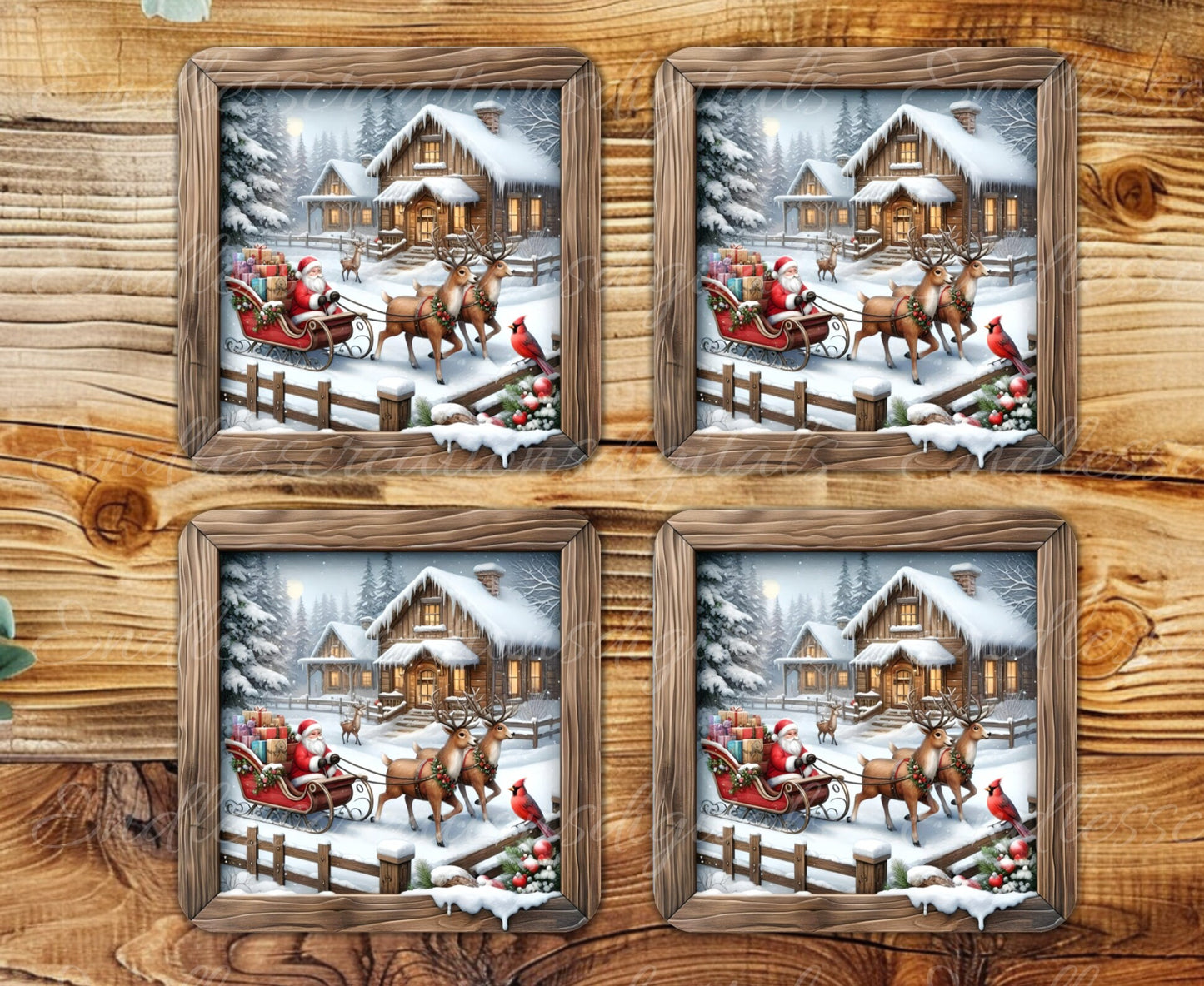 SANTA SLEIGH REINDEER square door hanger, wreath sign, square cutting board, coasters etc for sublimation high resolution 300 dpi