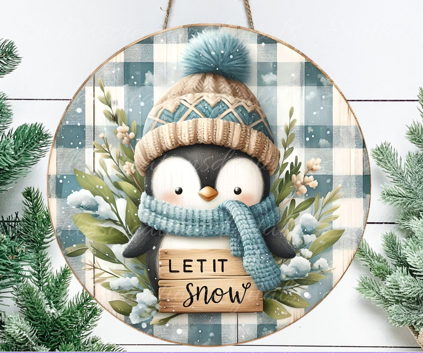 WINTER PENGUIN ROUND door hanger, wreath sign, square cutting board, coaster png, for sublimation high resolution, 2 files, 1 blank
