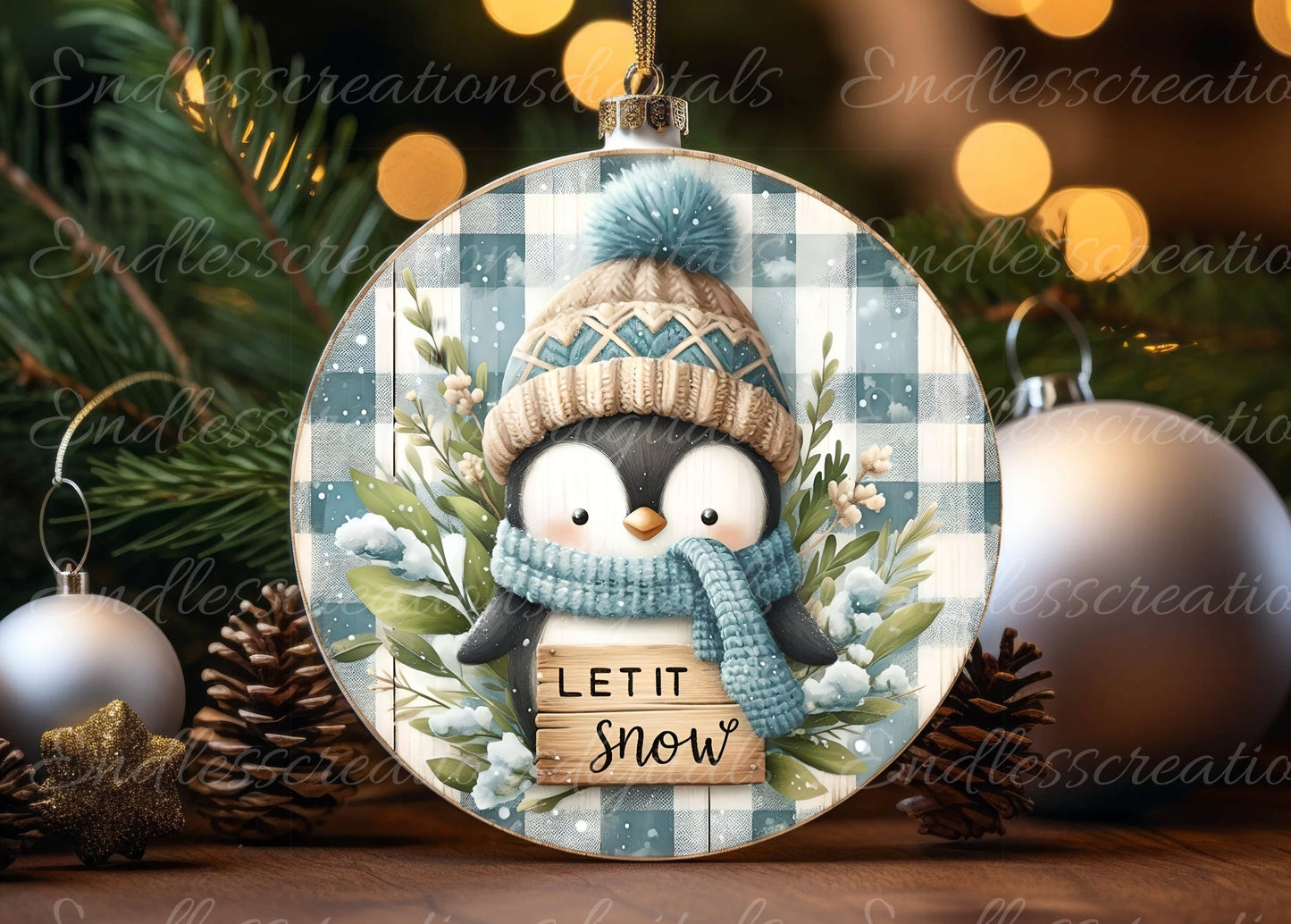 WINTER PENGUIN ROUND door hanger, wreath sign, square cutting board, coaster png, for sublimation high resolution, 2 files, 1 blank