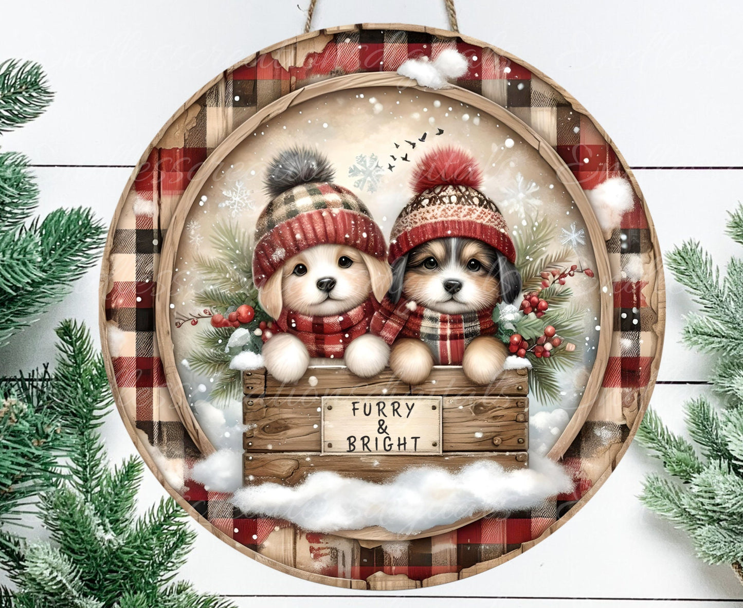 WINTER PUPPIES ROUND door hanger, wreath sign, round cutting board, coaster, ornament for sublimation high resolution, 2 files, 1 blank
