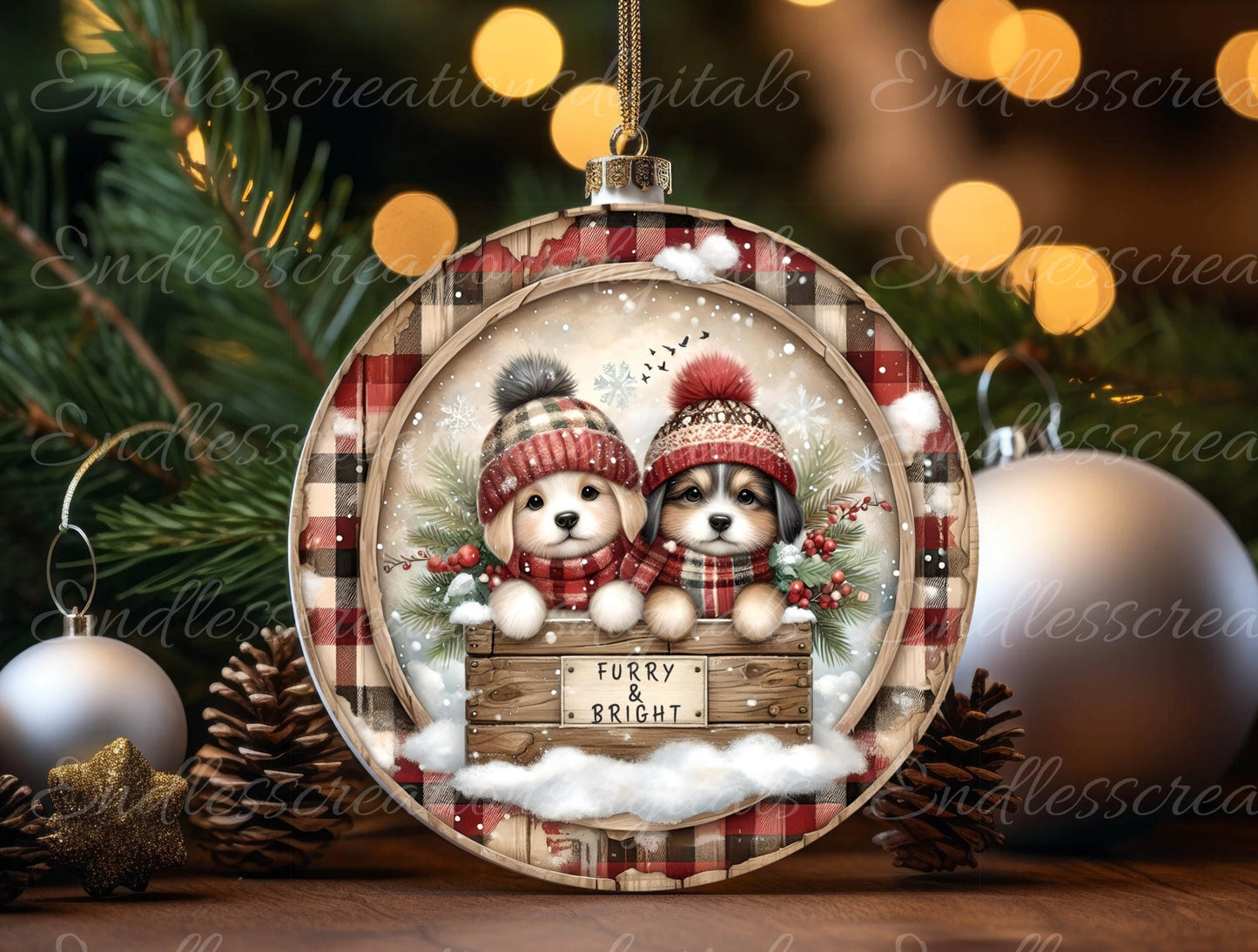 WINTER PUPPIES ROUND door hanger, wreath sign, round cutting board, coaster, ornament for sublimation high resolution, 2 files, 1 blank