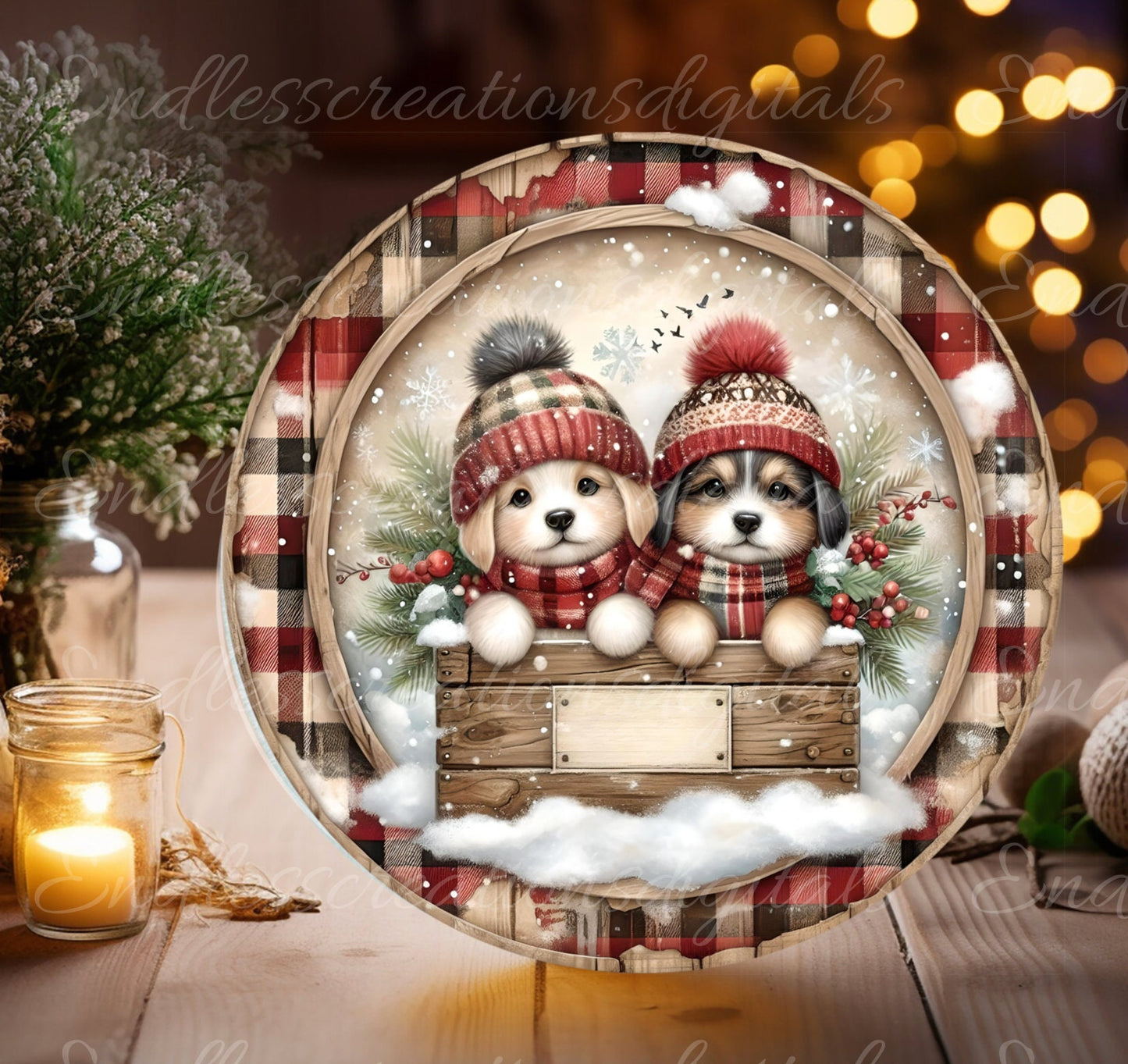 WINTER PUPPIES ROUND door hanger, wreath sign, round cutting board, coaster, ornament for sublimation high resolution, 2 files, 1 blank