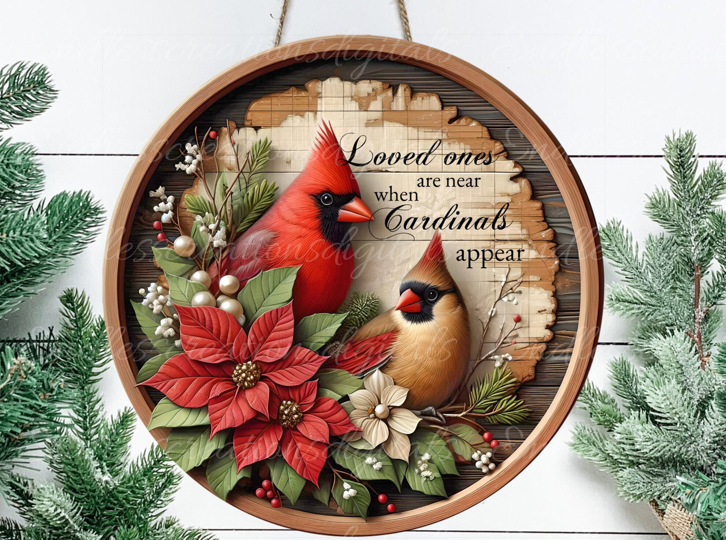 WINTER CARDINALS DOOR hanger, wreath sign, round cutting board png, for sublimation, 1 add your own text