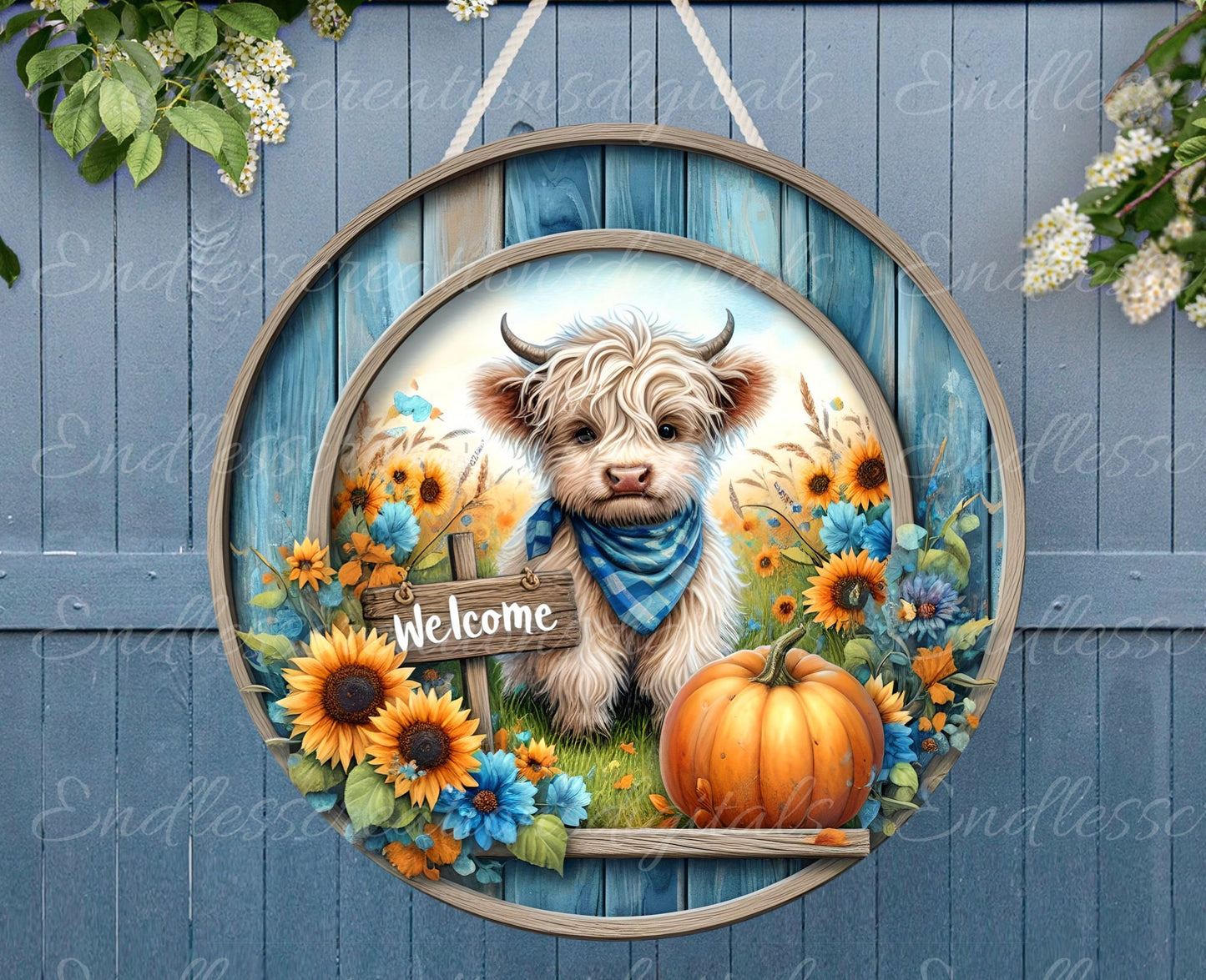 FALL HIGHLAND COW door hanger, wreath sign, round cutting board, for sublimation high resolution 2 files for download, 1 add your own text