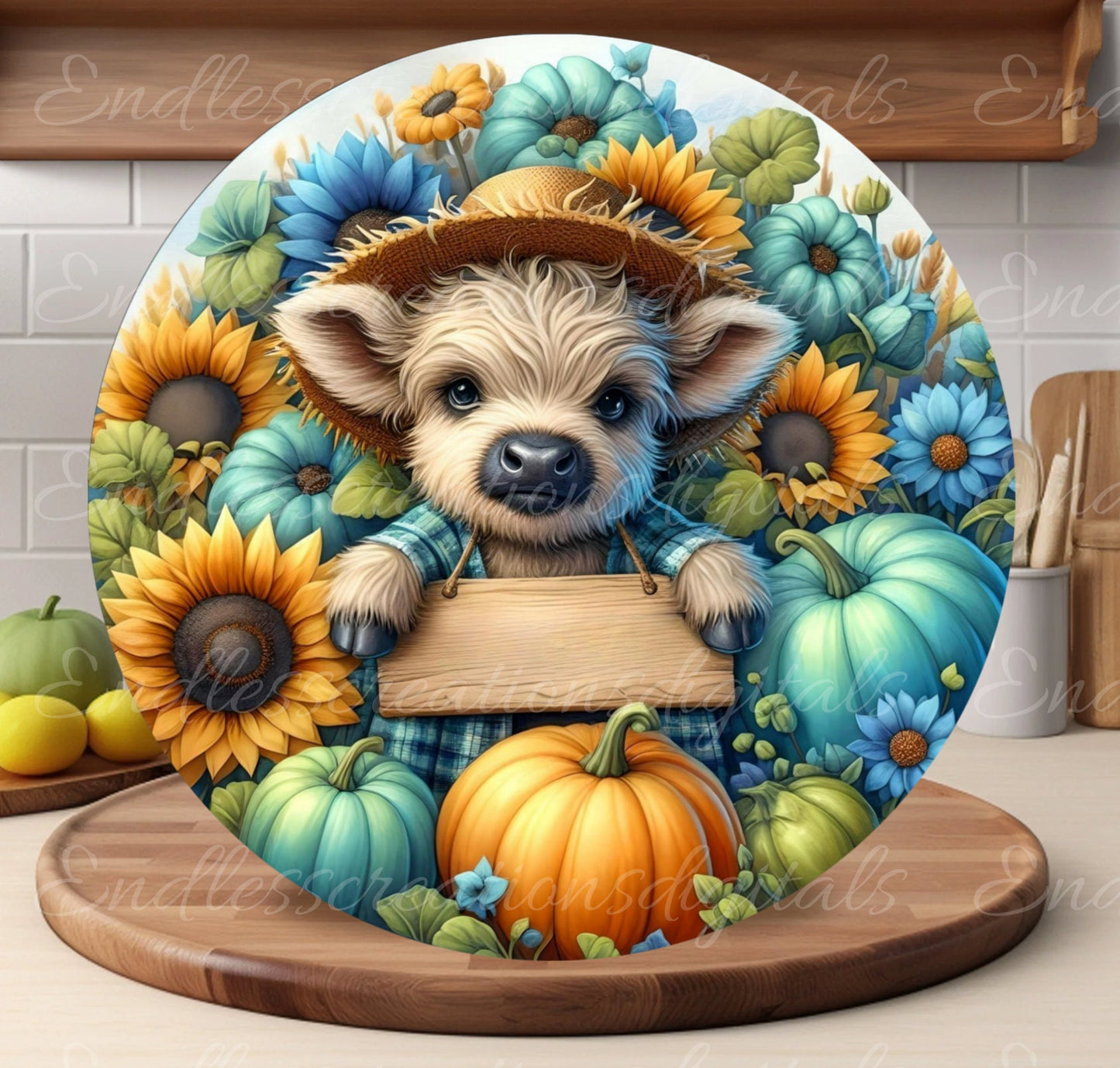 FALL HIGHLAND COW door hanger, wreath sign, round cutting board, for sublimation high resolution 2 files for download, 1 add your own text