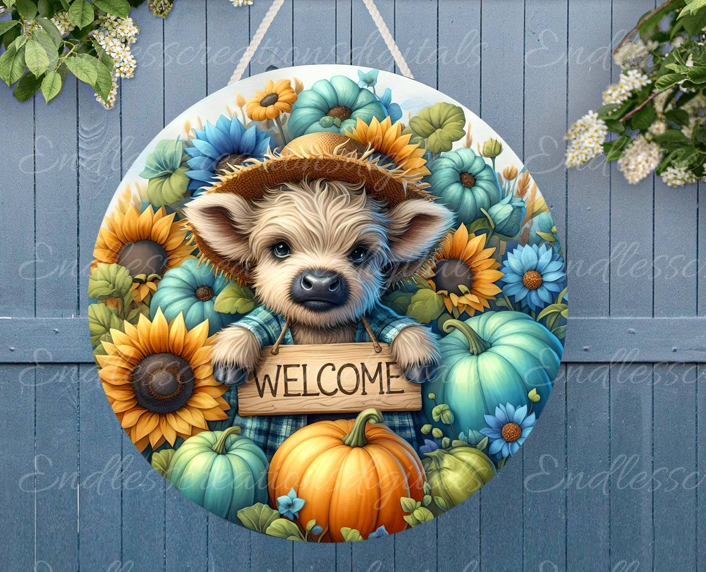 FALL HIGHLAND COW door hanger, wreath sign, round cutting board, for sublimation high resolution 2 files for download, 1 add your own text