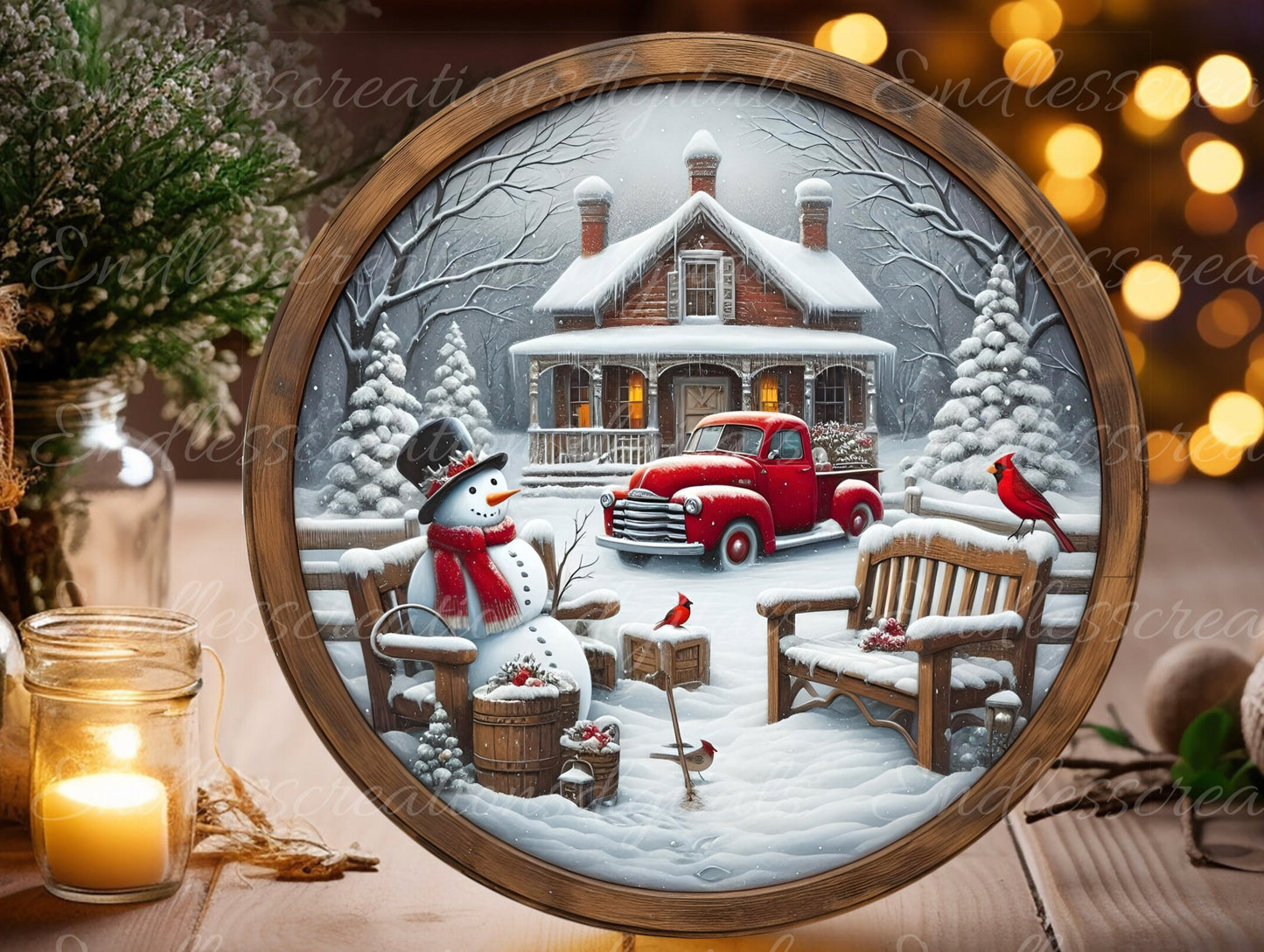 RED TRUCK CABIN door hanger, wreath sign, round cutting board, for sublimation high resolution 2 files for download 1 add your own text